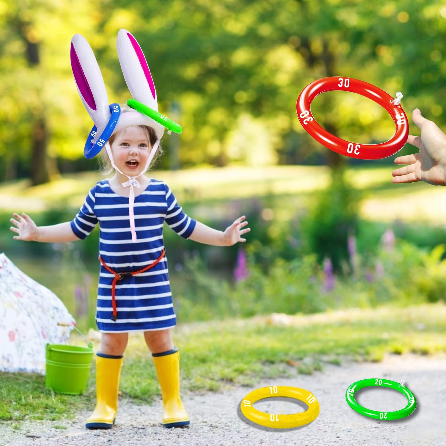 Family friendly indoor outdoor Easter ring toss setup
