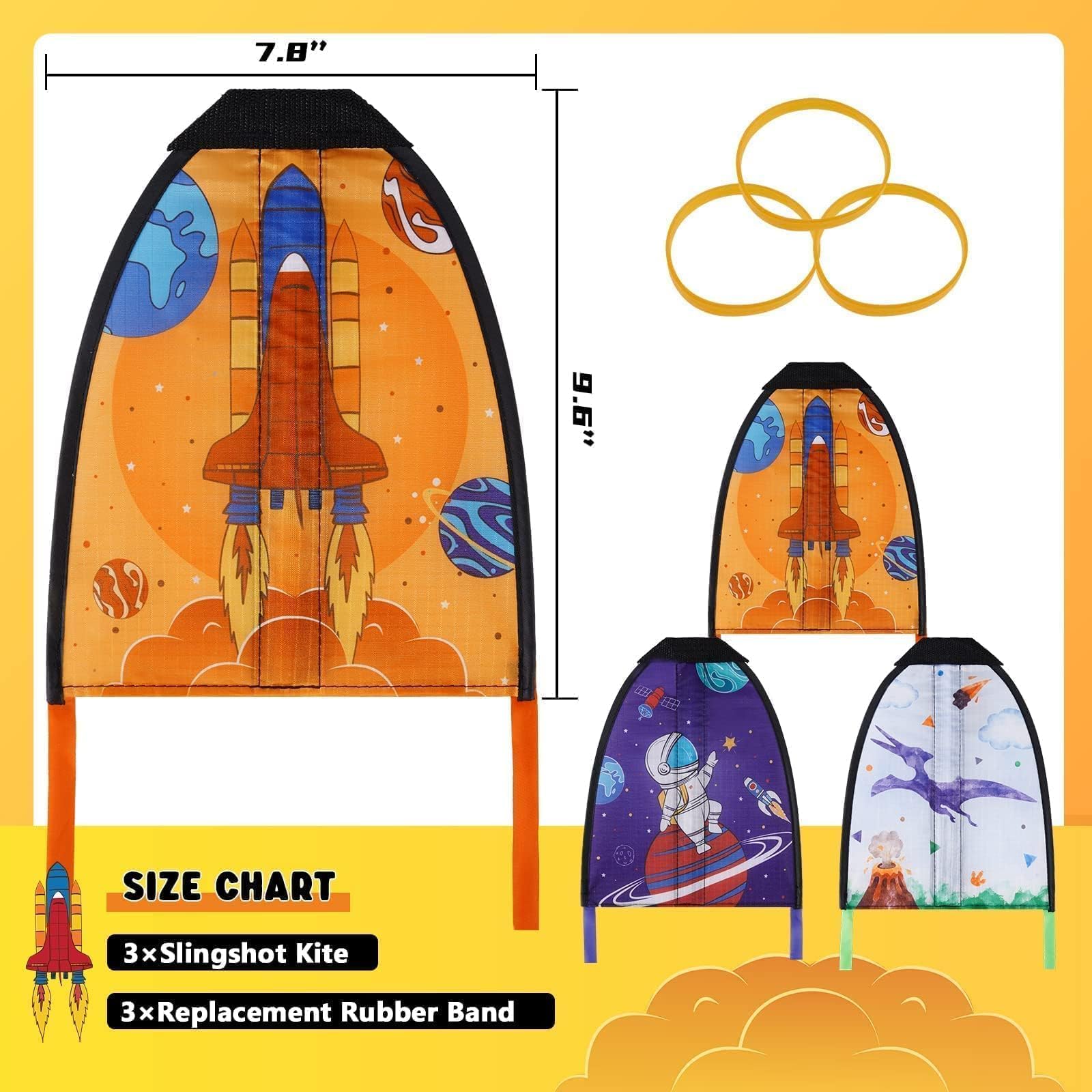 Includes 3 extra elastic bands for replacement with thumb kites