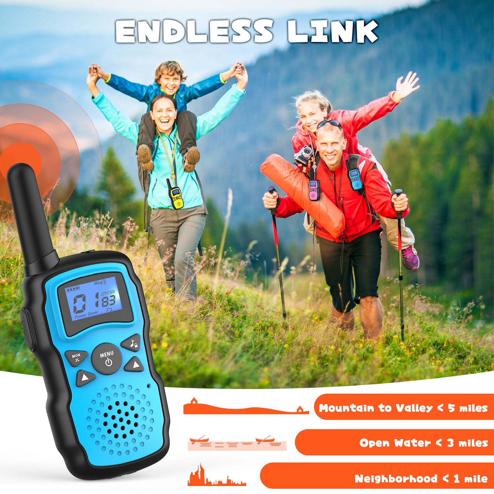 Adults and kids using Wishouse walkie talkies outdoors
