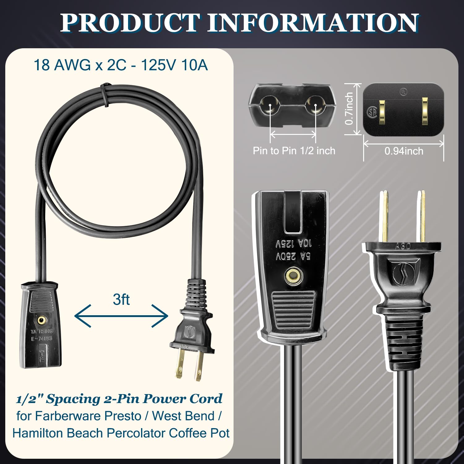 Farberware percolator cord with 1/2 inch pin spacing