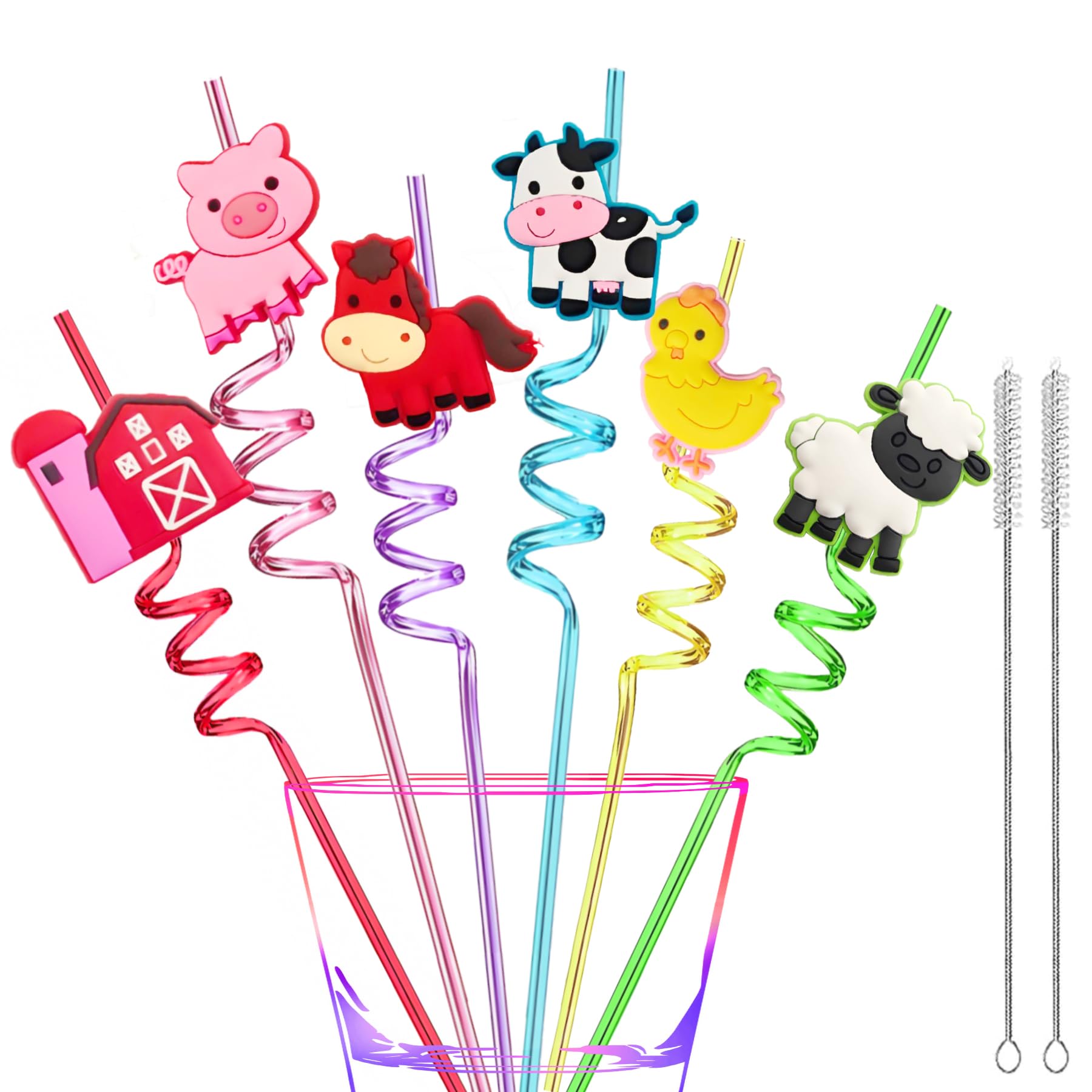 24 pack farm animal drinking straws with toppers