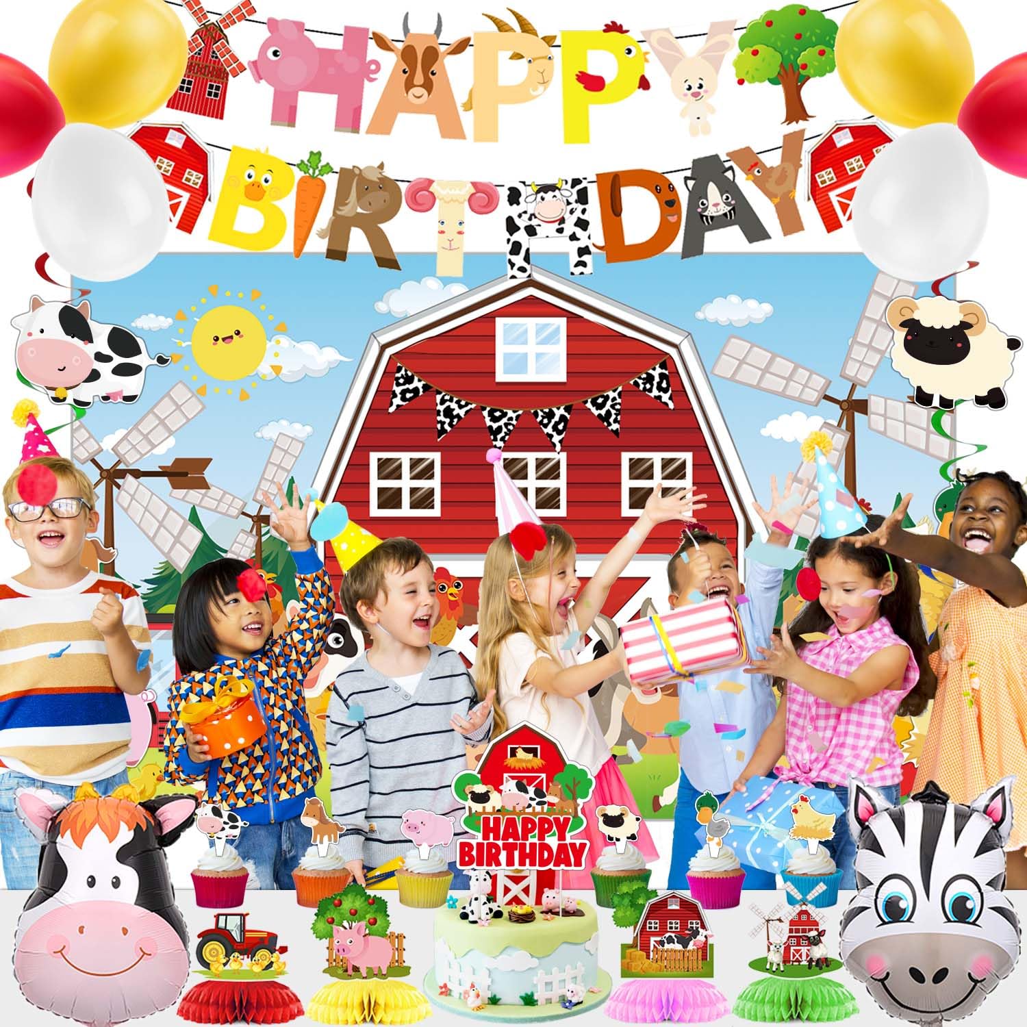 Backdrop and cake toppers for Farm Birthday party