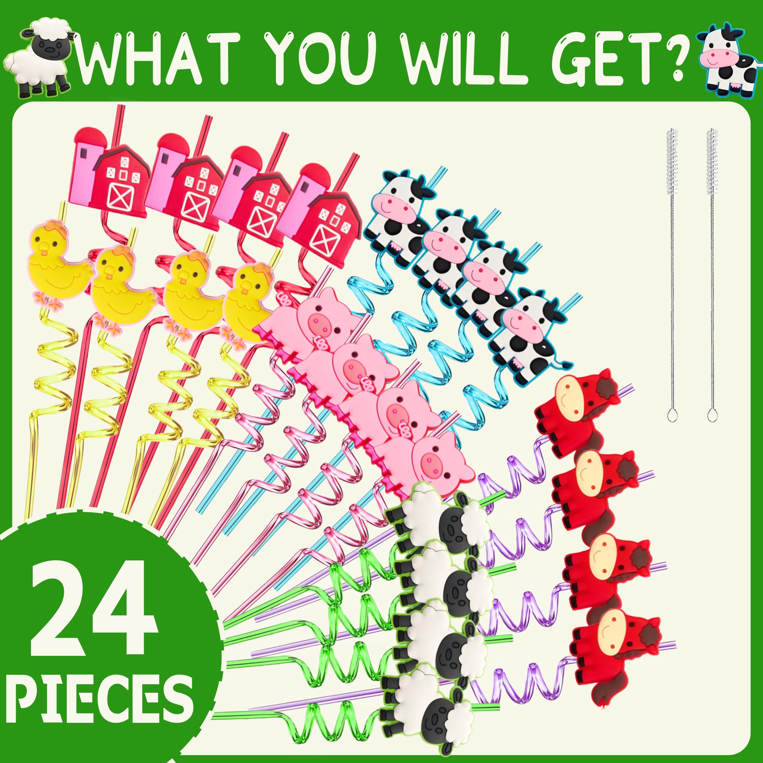 Farm animal party favors with colorful drinking straws