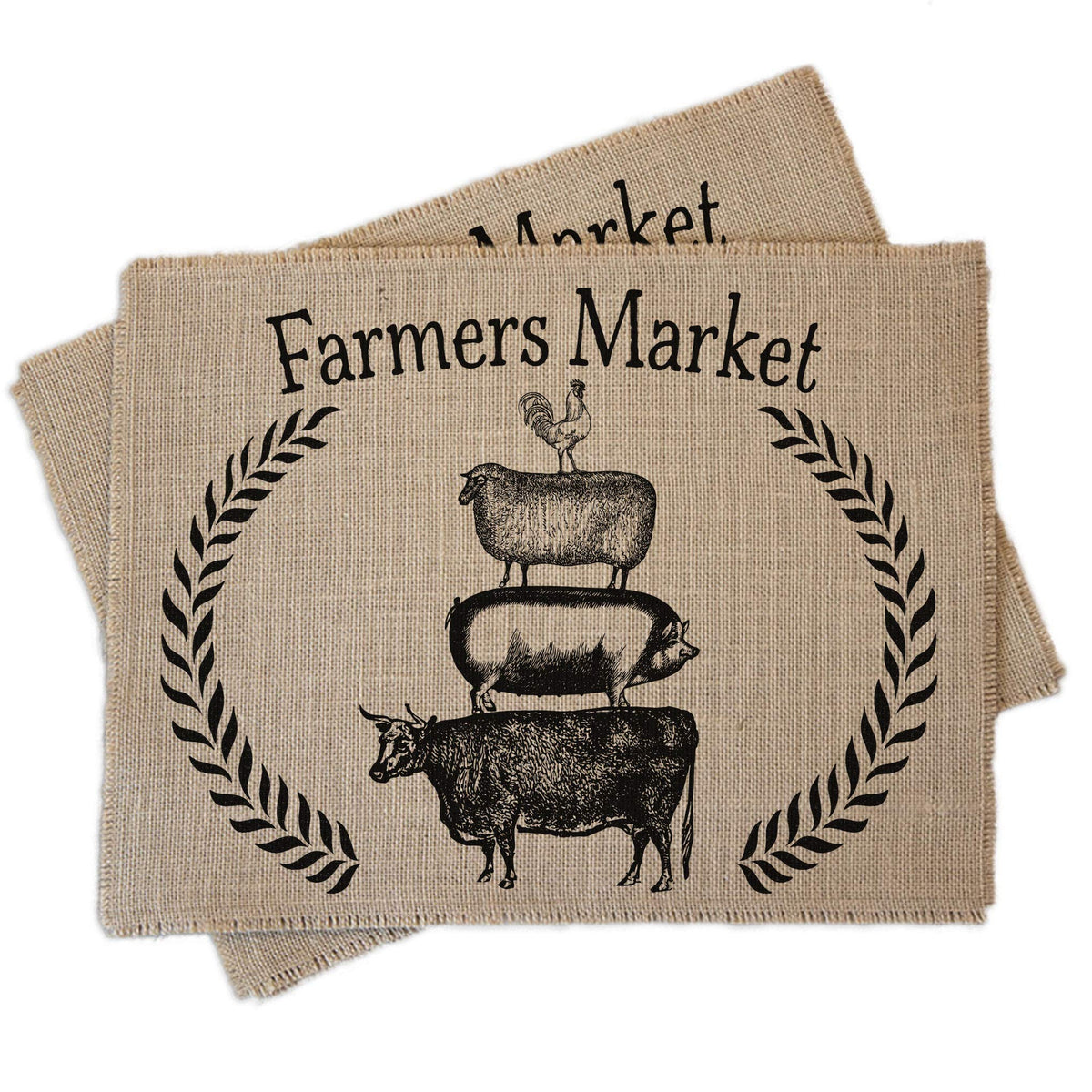Farmers Market burlap placemats 14x18 inches two-pack on dining table