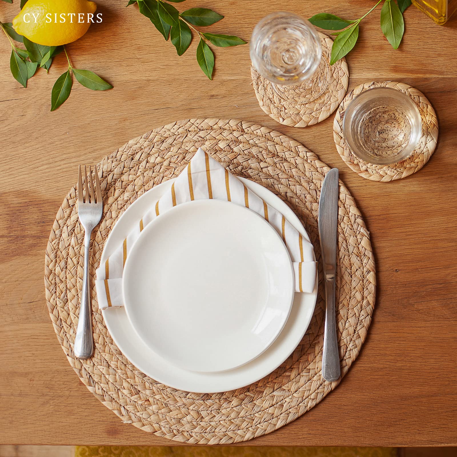 Handwoven round placemats with natural tones
