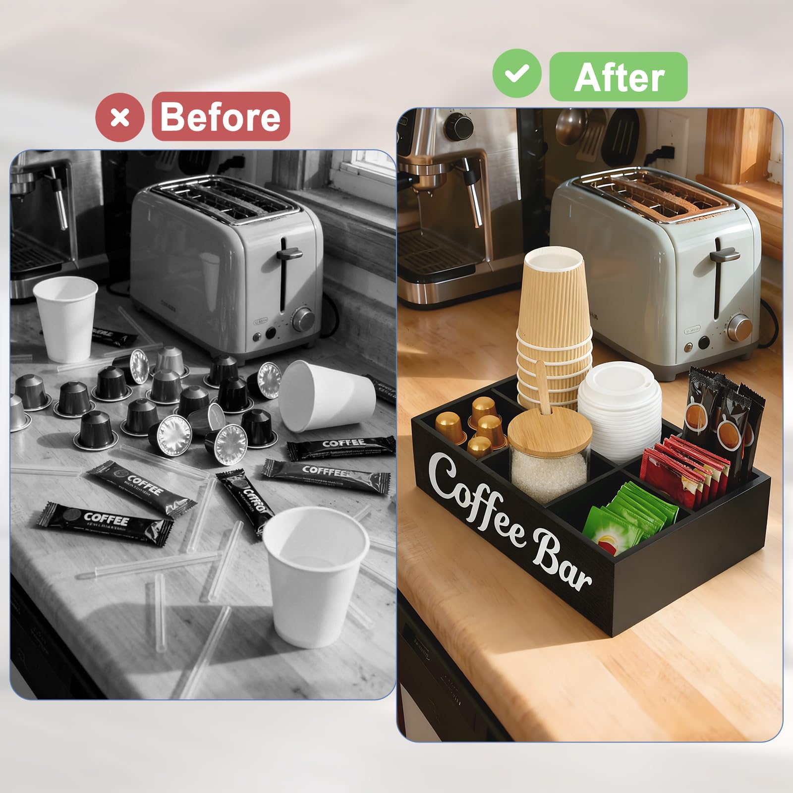 Farmhouse style coffee bar decor display on counter