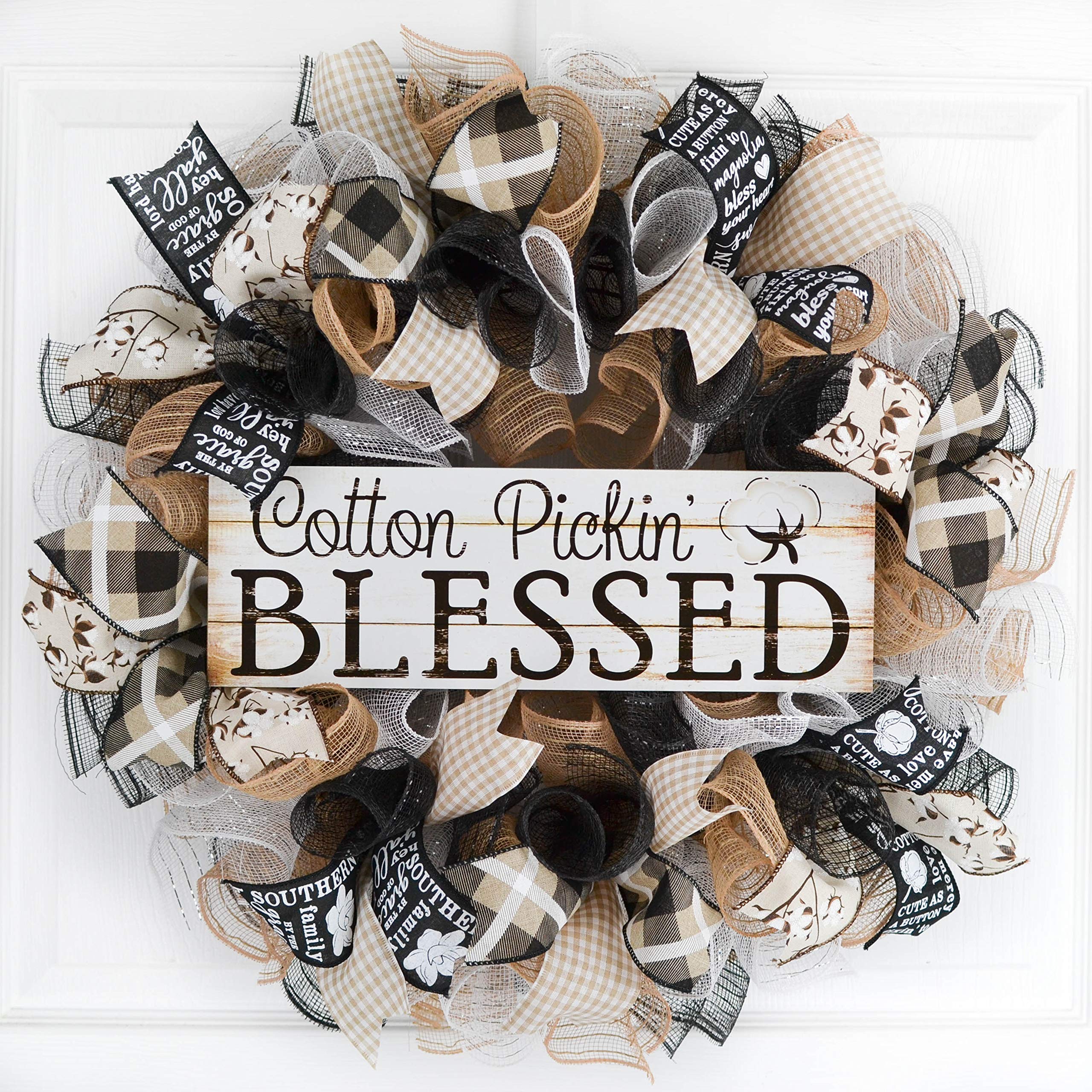 Farmhouse Cotton Pickin Blessed Wreath with black white burlap ribbons