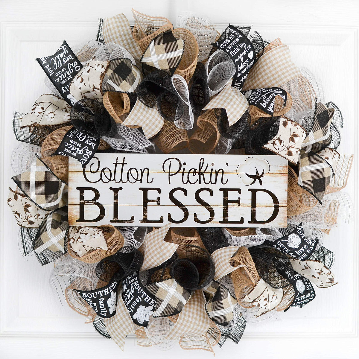 Farmhouse Cotton Pickin Blessed Wreath with black white burlap ribbons
