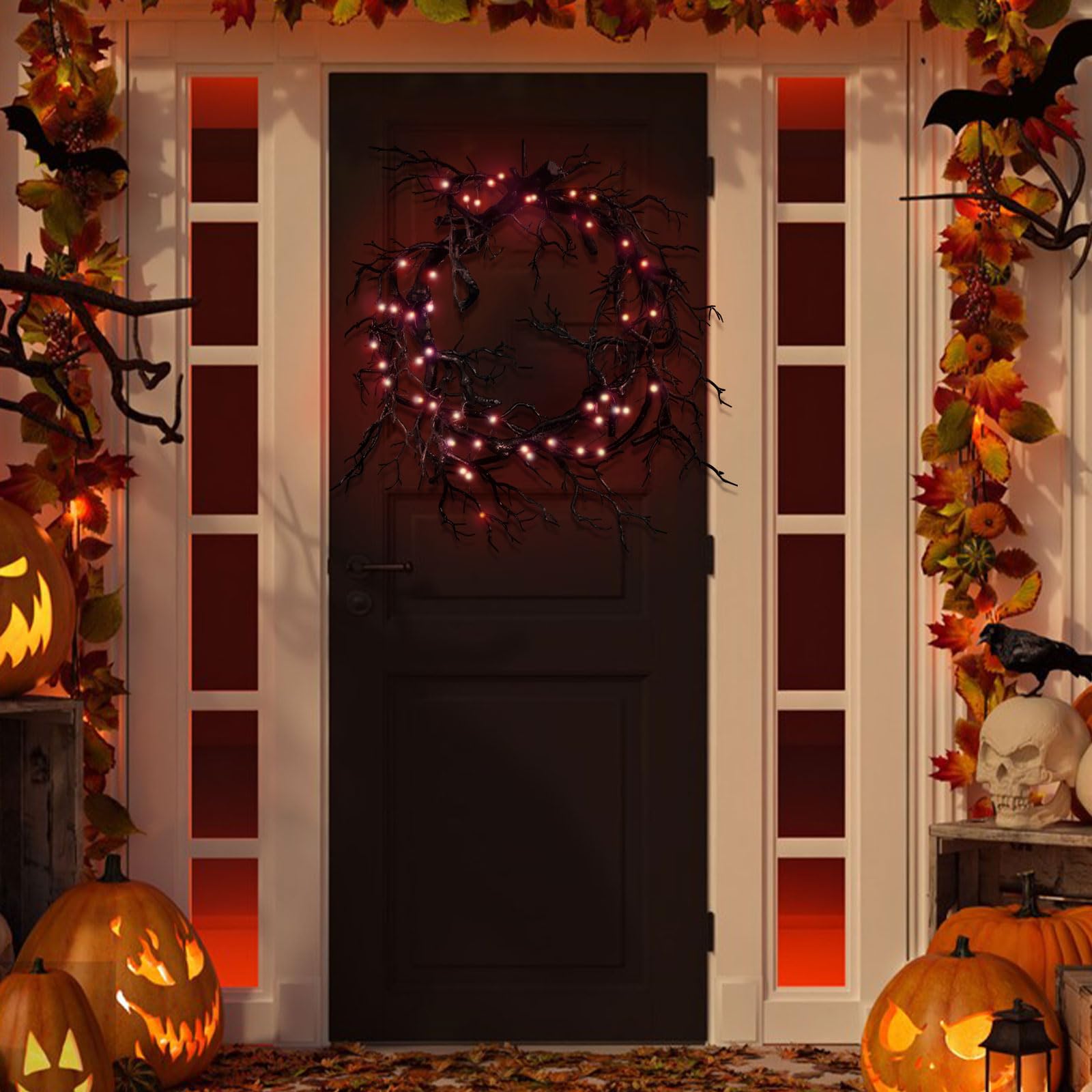 Front door Halloween wreath for parties and farmhouse style
