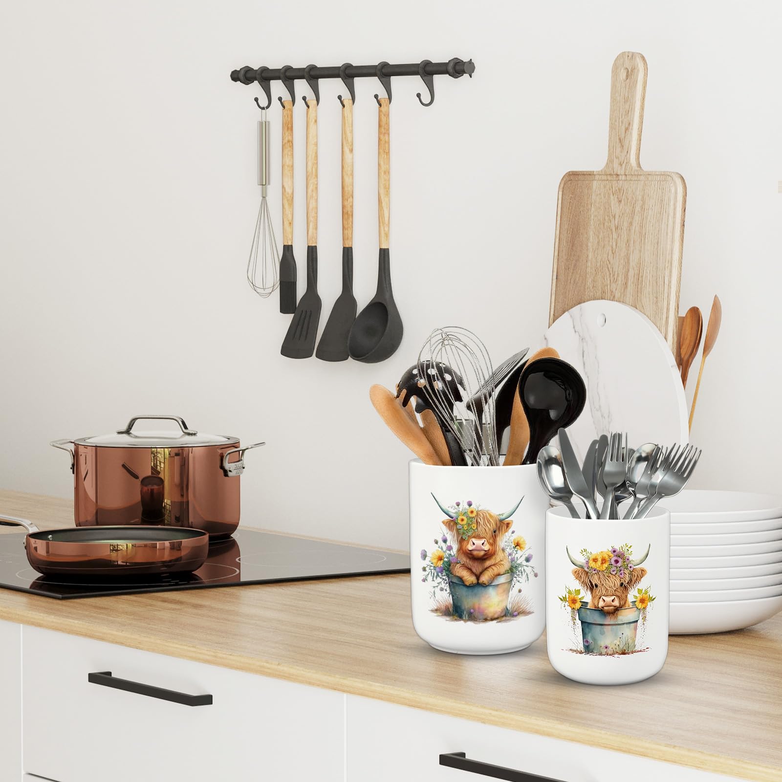 Farmhouse kitchen decor featuring Highland cow ceramic holders