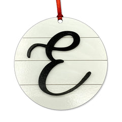 Farmhouse Monogram Ornament Letter E front view with white shiplap
