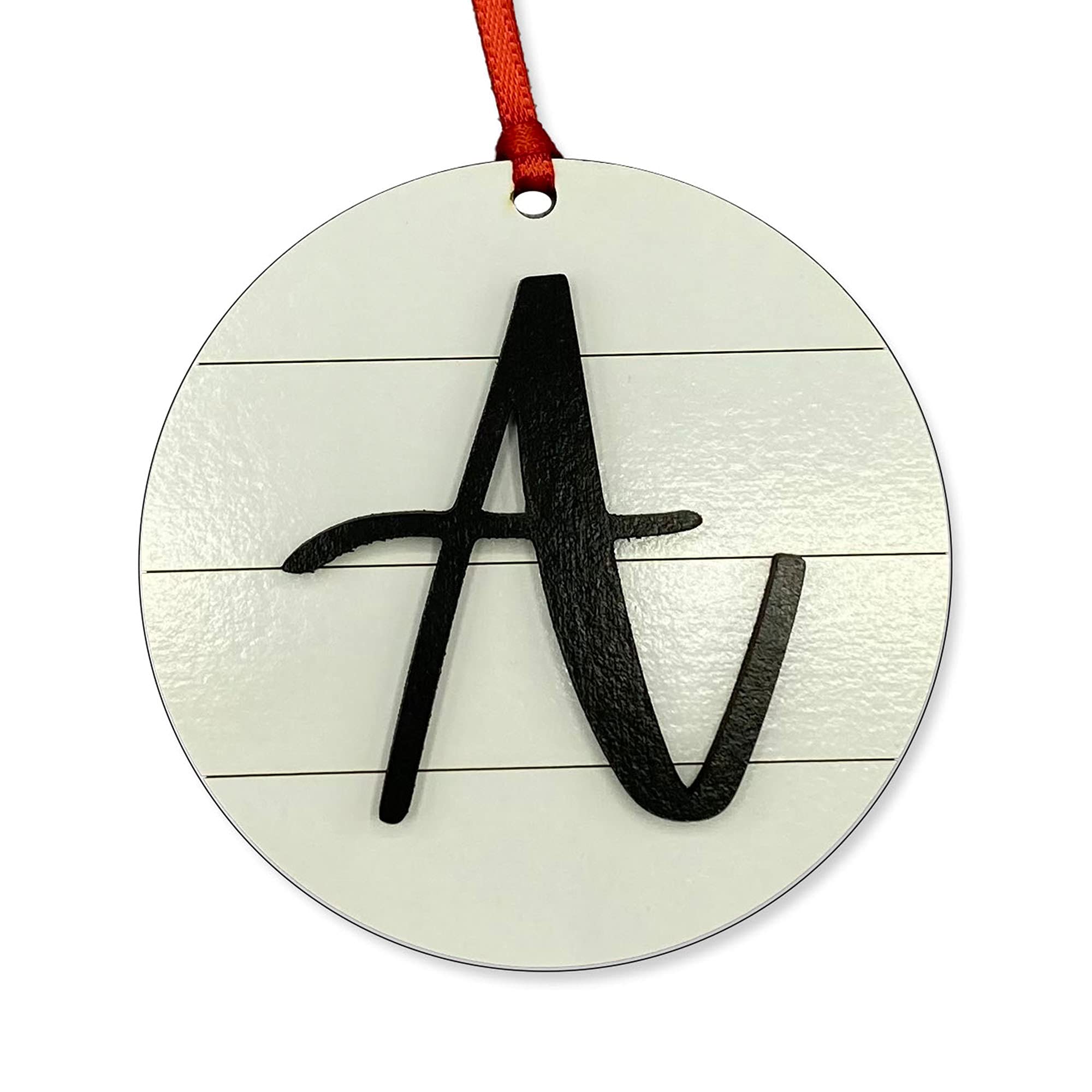 Farmhouse Monogram Ornament Letter A wood shiplap with red ribbon