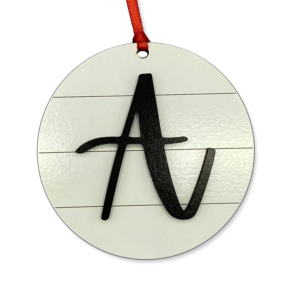 Farmhouse Monogram Ornament Letter A wood shiplap with red ribbon