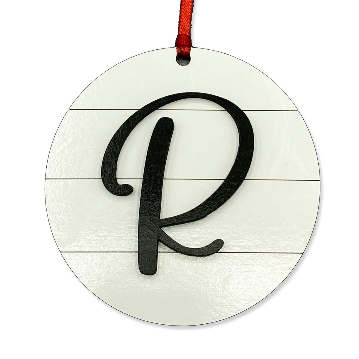 Front view of Farmhouse Monogram Ornament Letter R on white shiplap