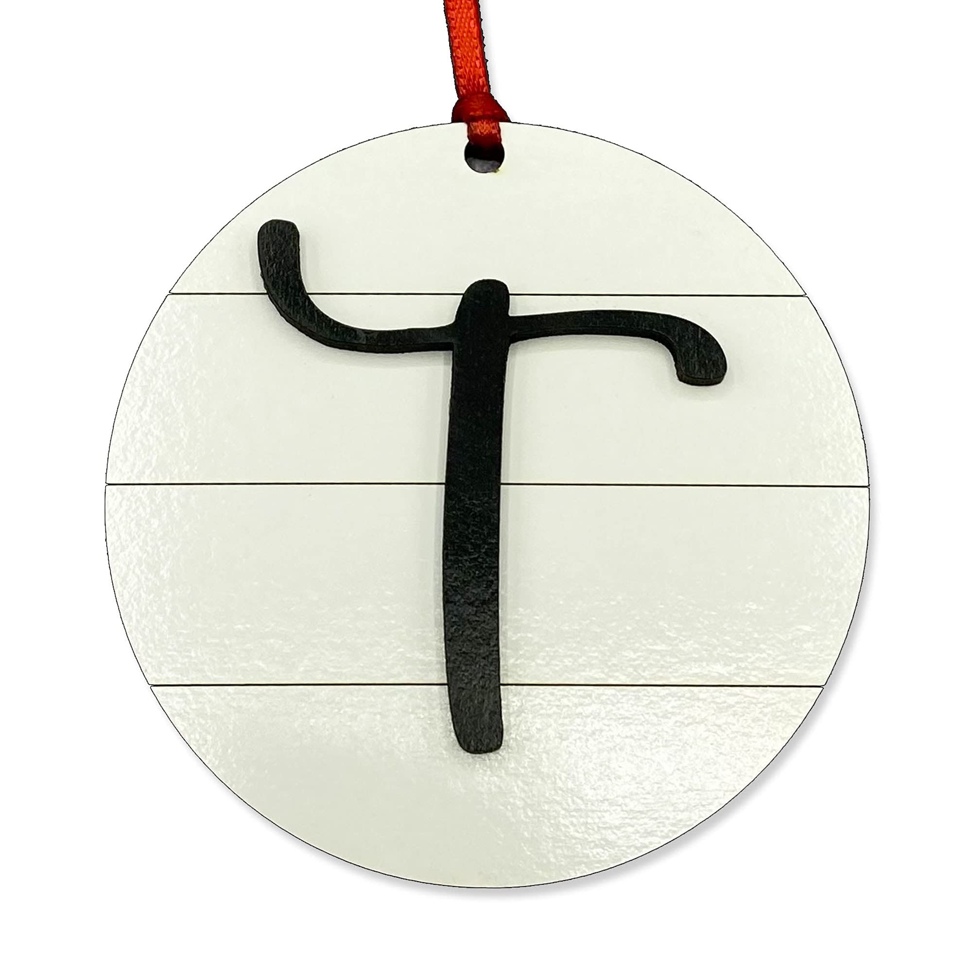 Farmhouse Monogram Ornament Letter T wood shiplap front view with red ribbon