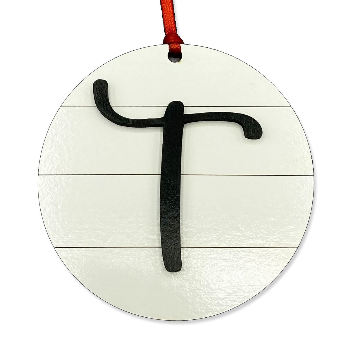 Farmhouse Monogram Ornament Letter T wood shiplap front view with red ribbon