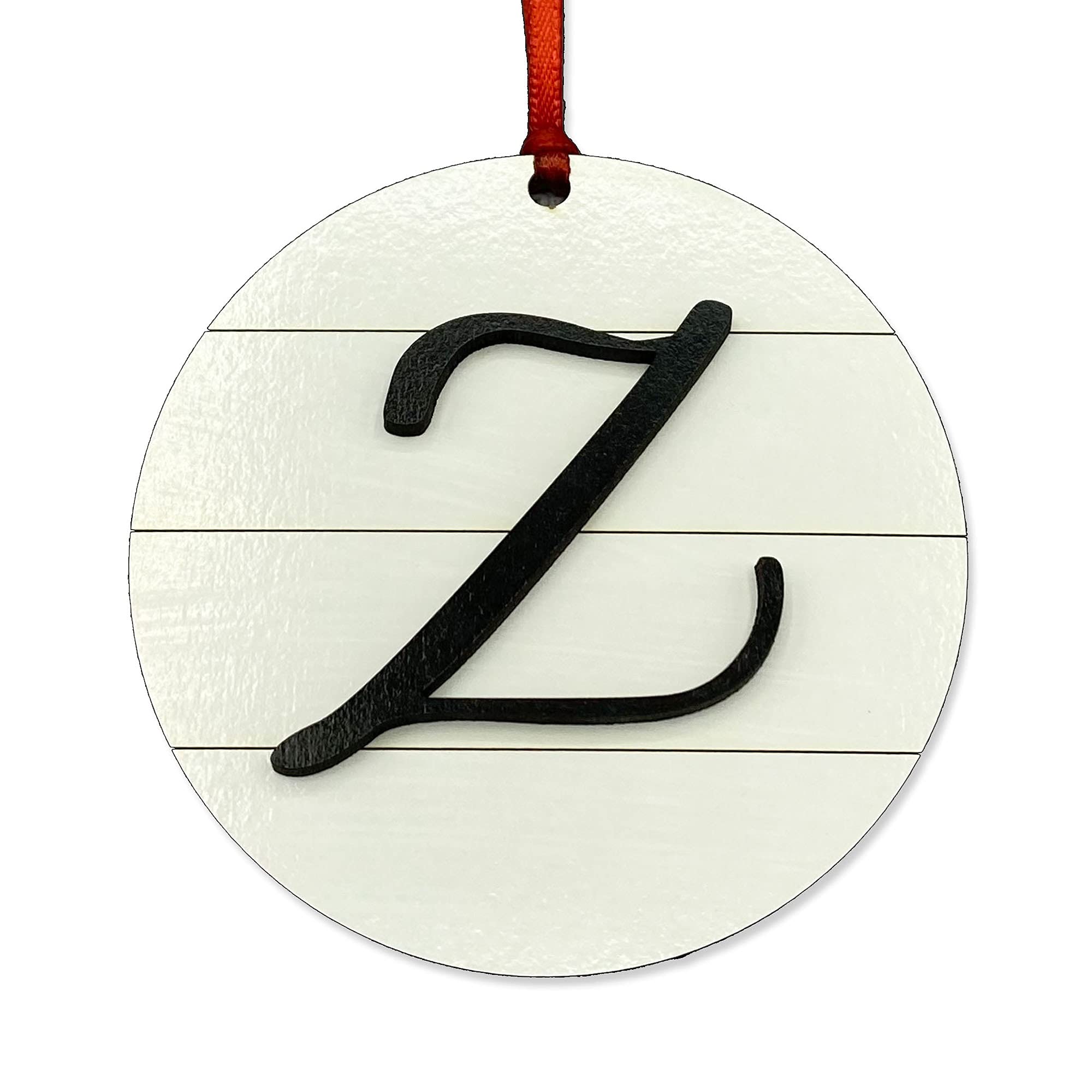 Farmhouse Monogram Ornament Letter Z front view showing white shiplap and black Z