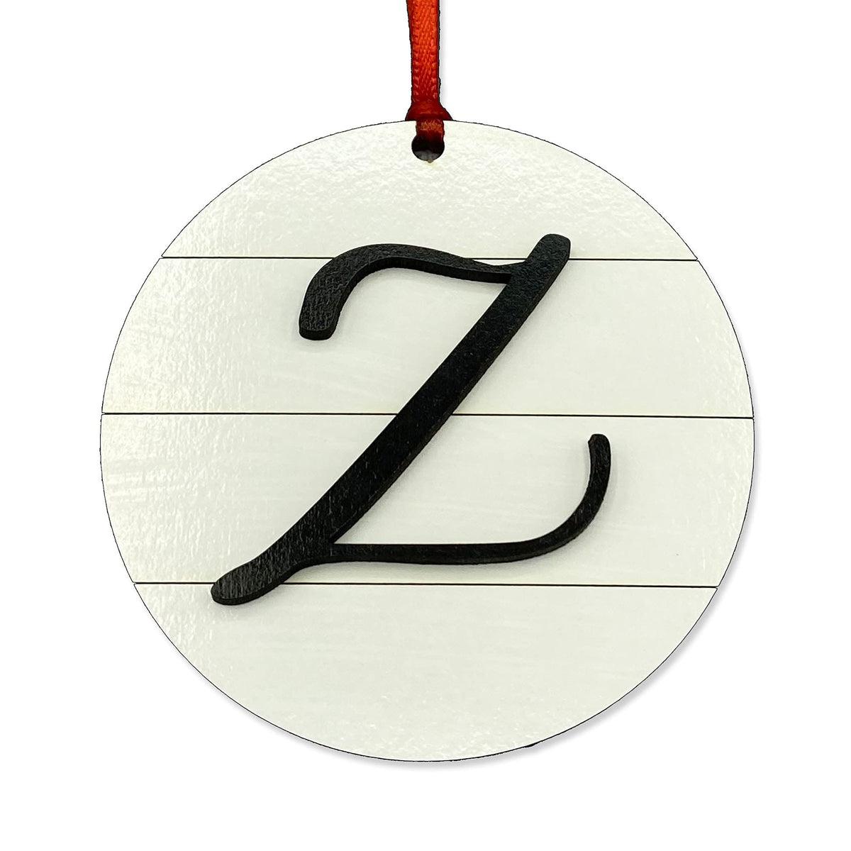 Farmhouse Monogram Ornament Letter Z front view showing white shiplap and black Z