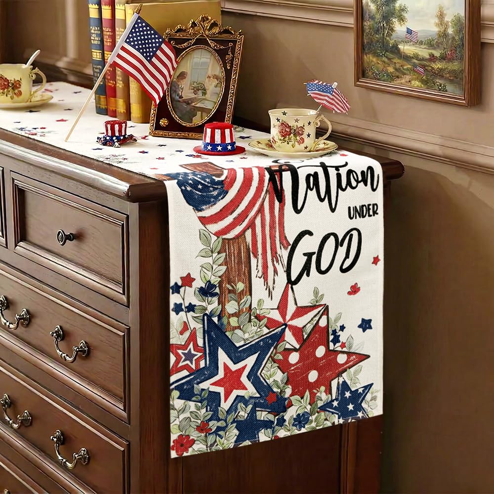 Indoor outdoor use patriotic table runner for 4th of July