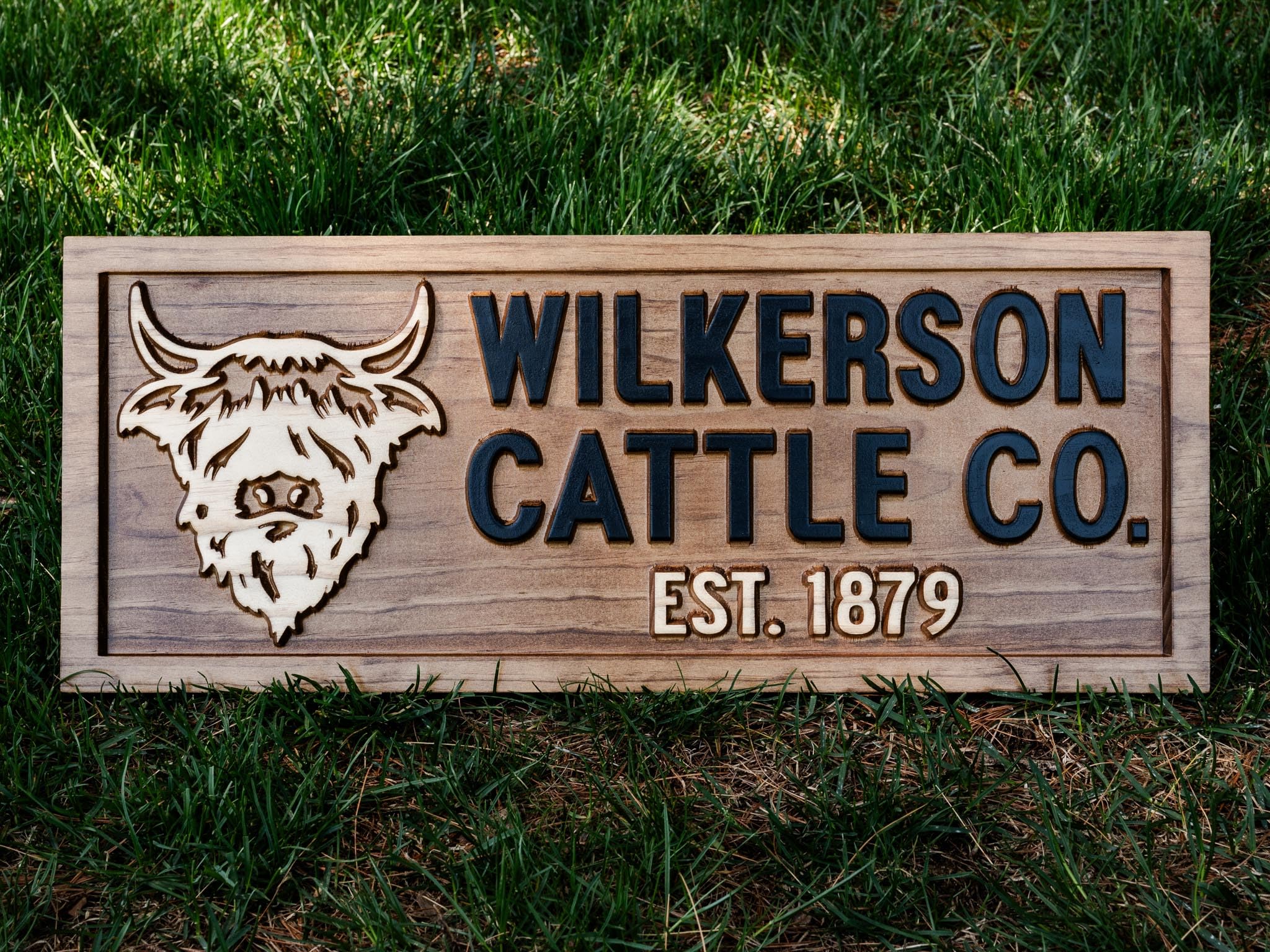 Highland cattle farmhouse sign with custom text and natural stain