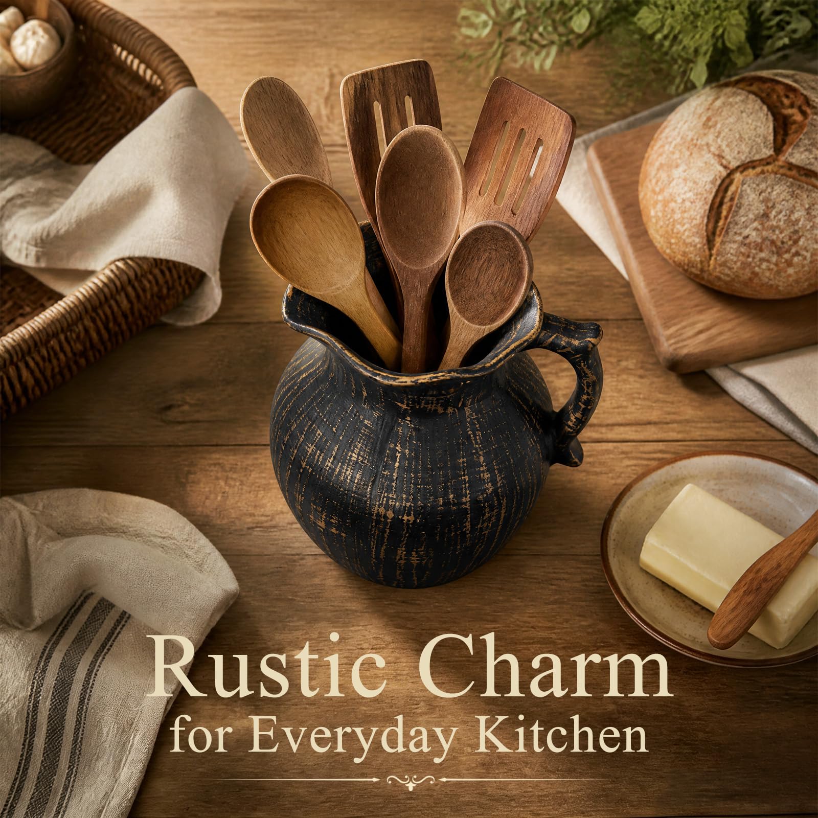 Kitchen counter storage in farmhouse style with Oxmidud utensil holder