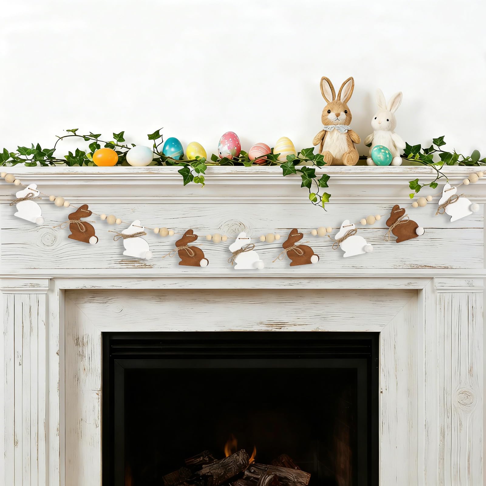 farmhouse wood bunny bead garland display on shelf