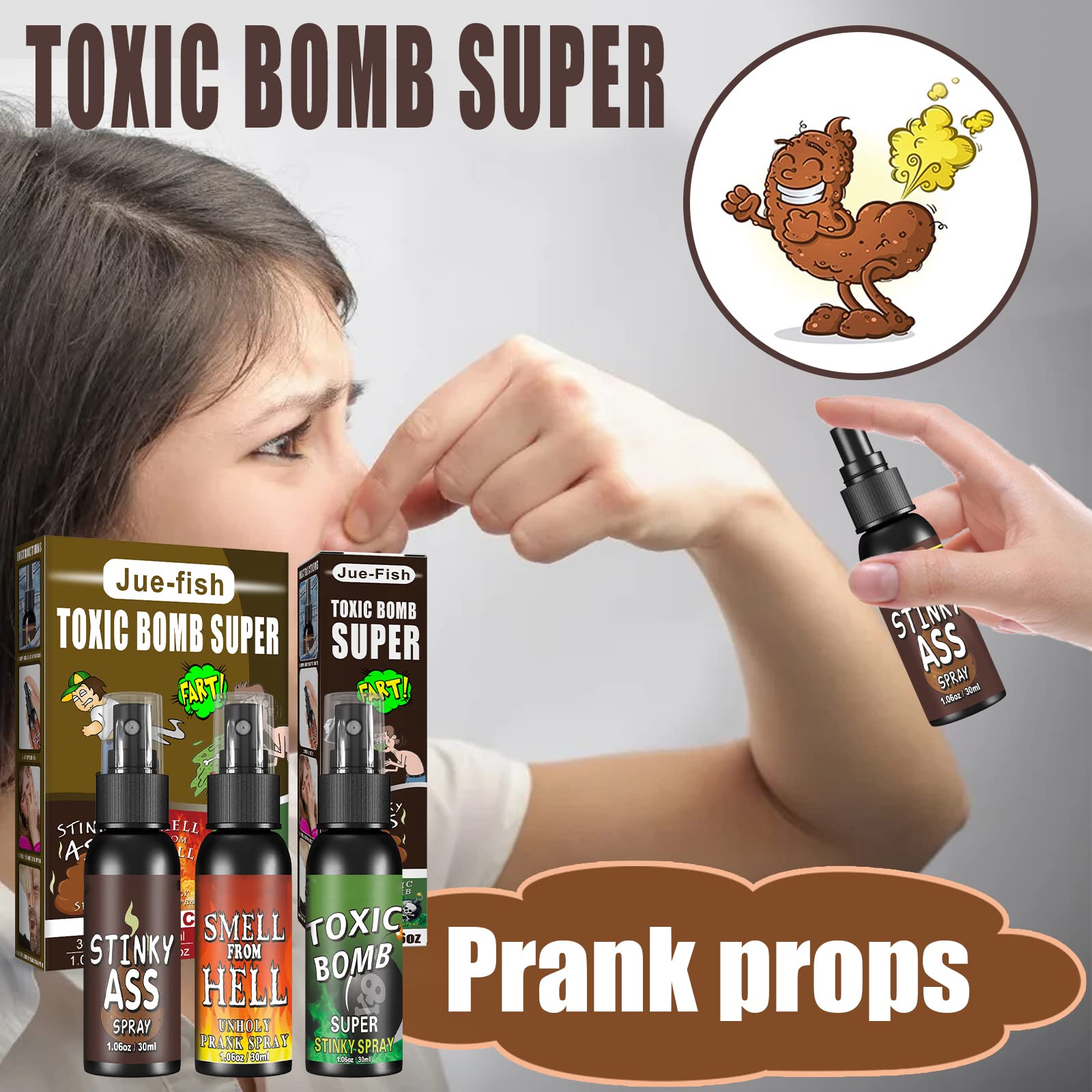 Fart spray packaging showing three 30ml bottles for pranks