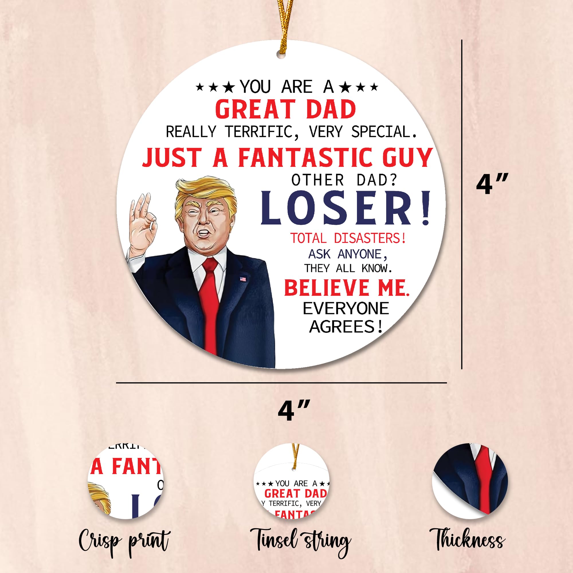 4 inch round ornament with bold parody message