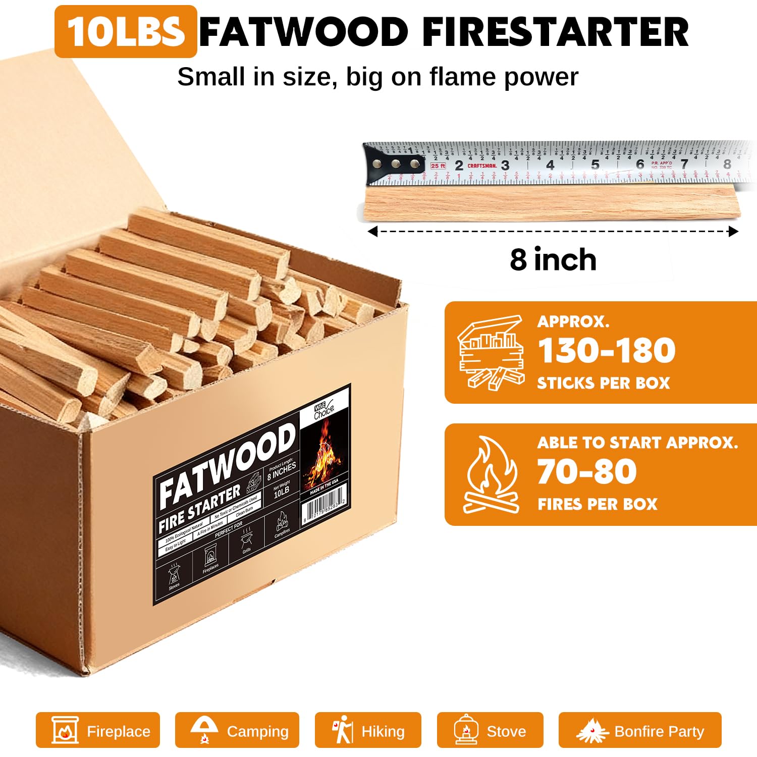Fatwood fire starter sticks 130-180 pcs per box
