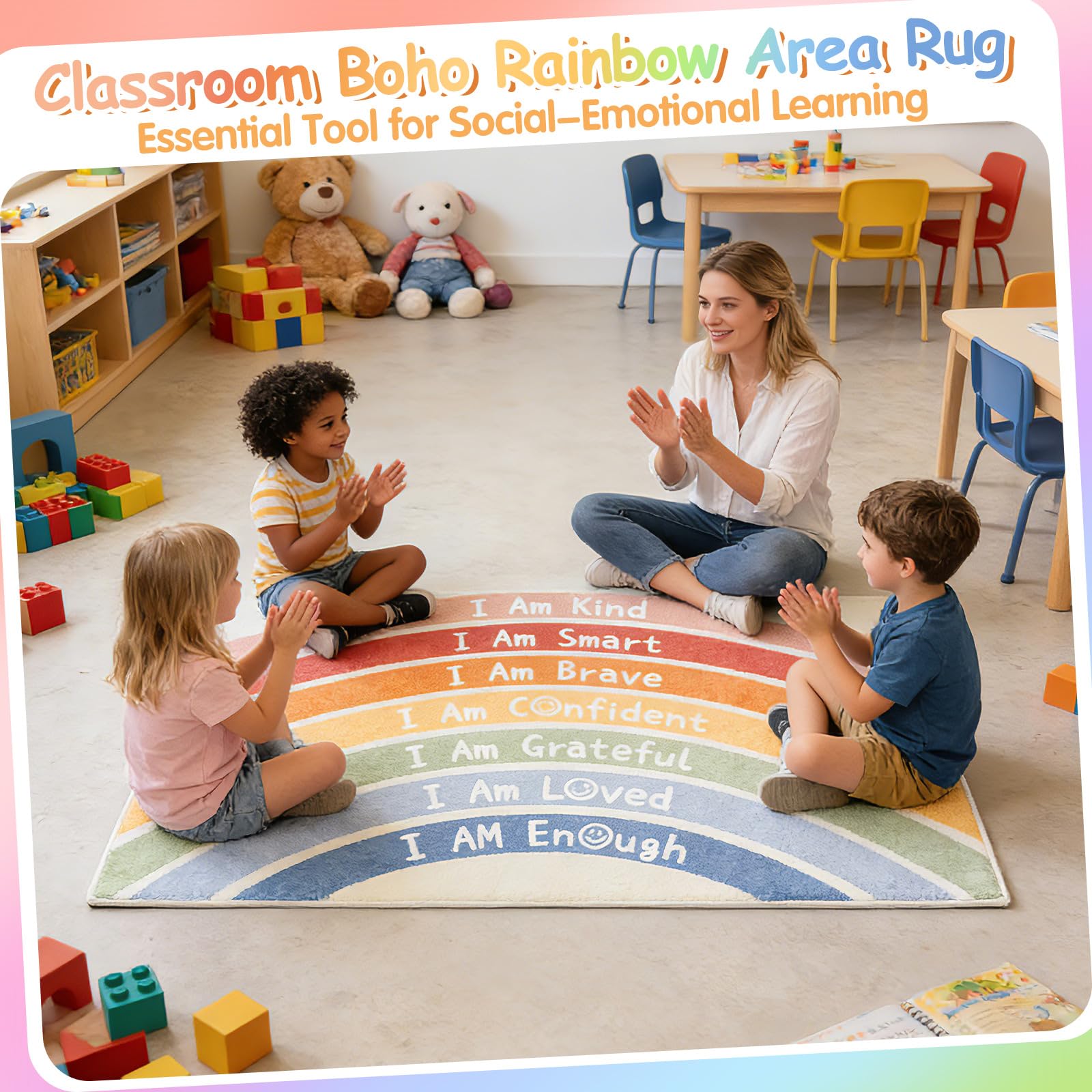 Calming boho rainbow rug for bedrooms nurseries and learning corners