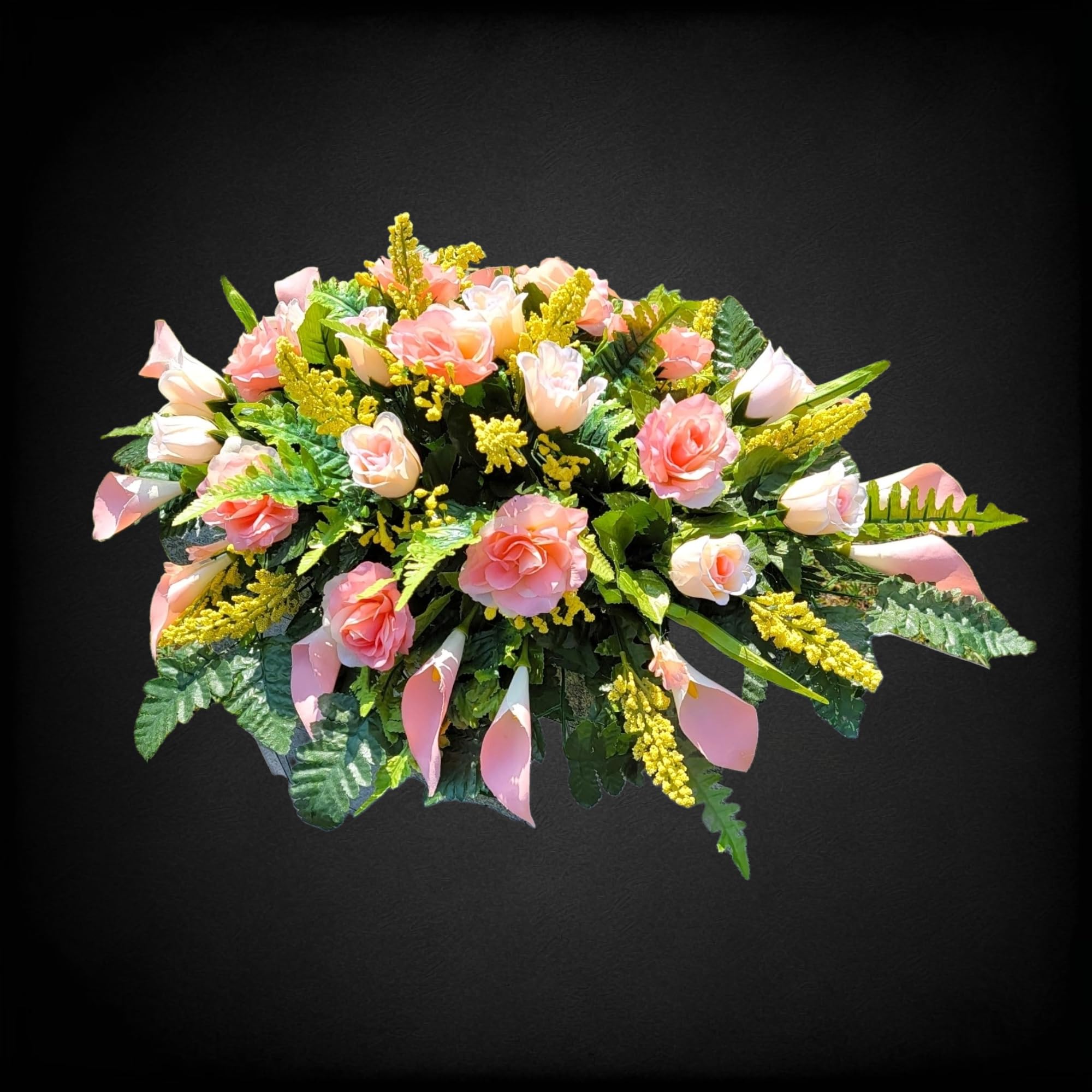 Faux floral grave flowers set including roses and calla lilies
