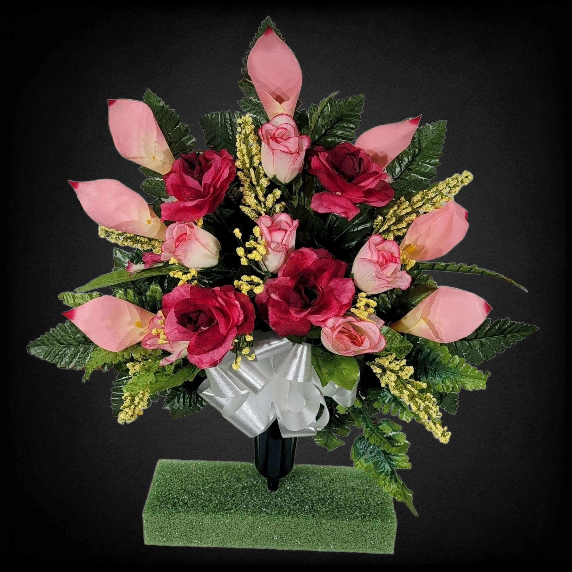 Faux silk roses and calla lilies cemetery cone