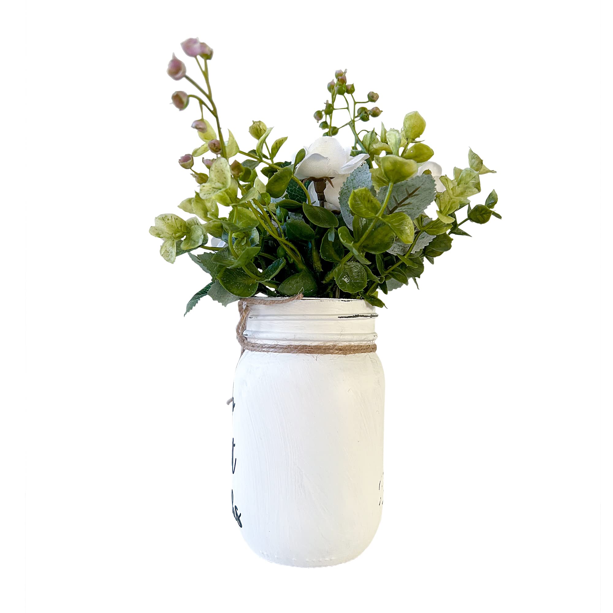 Faux greenery and roses arrangement for bathroom jar