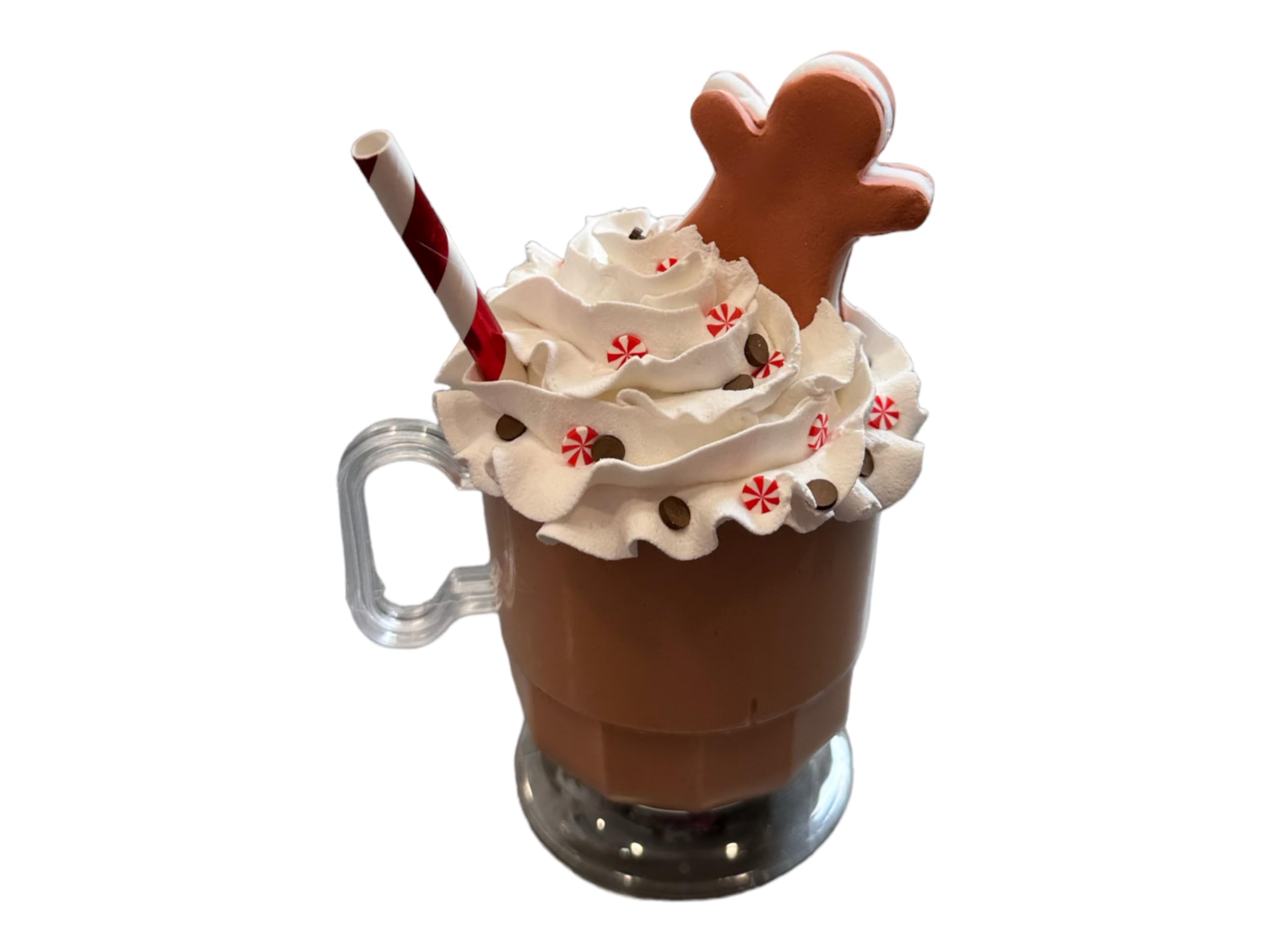 5 inch faux gingerbread themed hot chocolate ornament on display