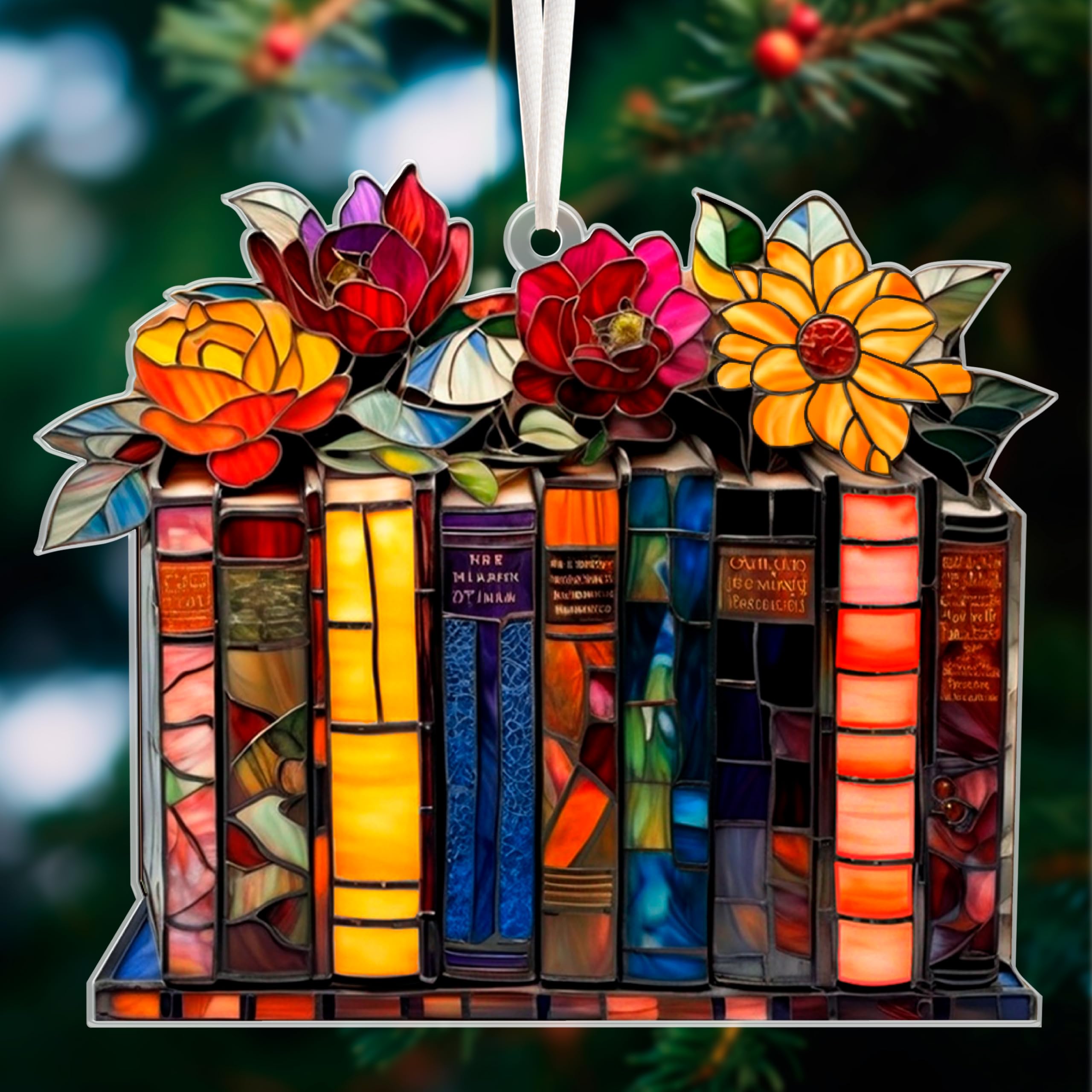 Faux stained glass window hanging book ornament decor