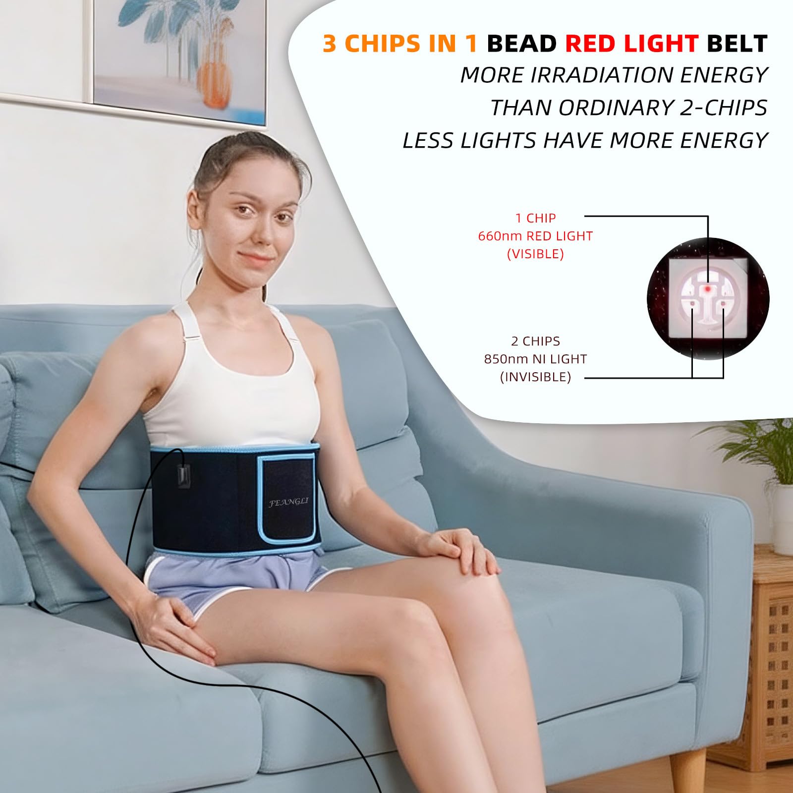 feangli belt close up with 3-in-1 LED chips