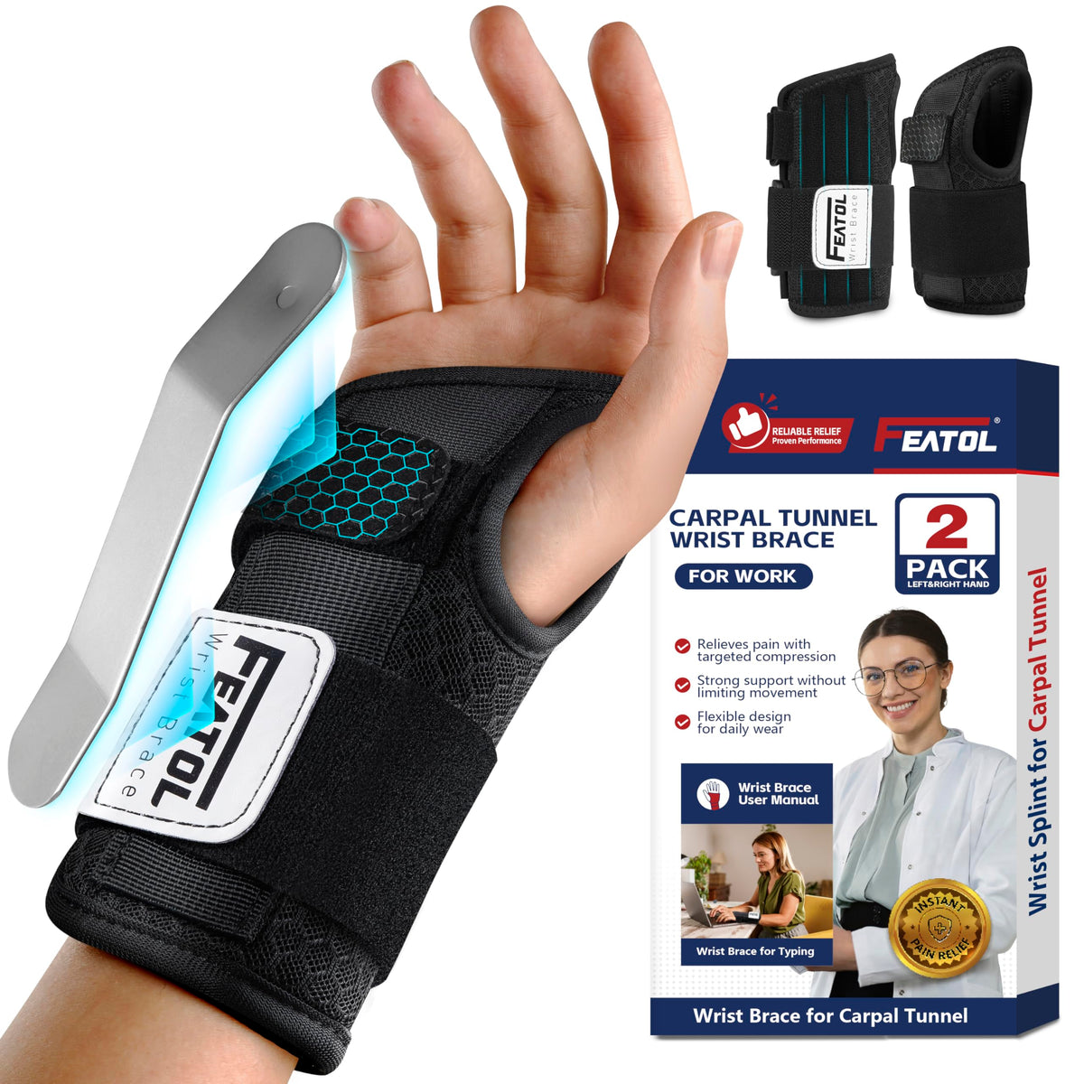 FEATOL carpal tunnel wrist brace brand image 6-5 inch 2-pack