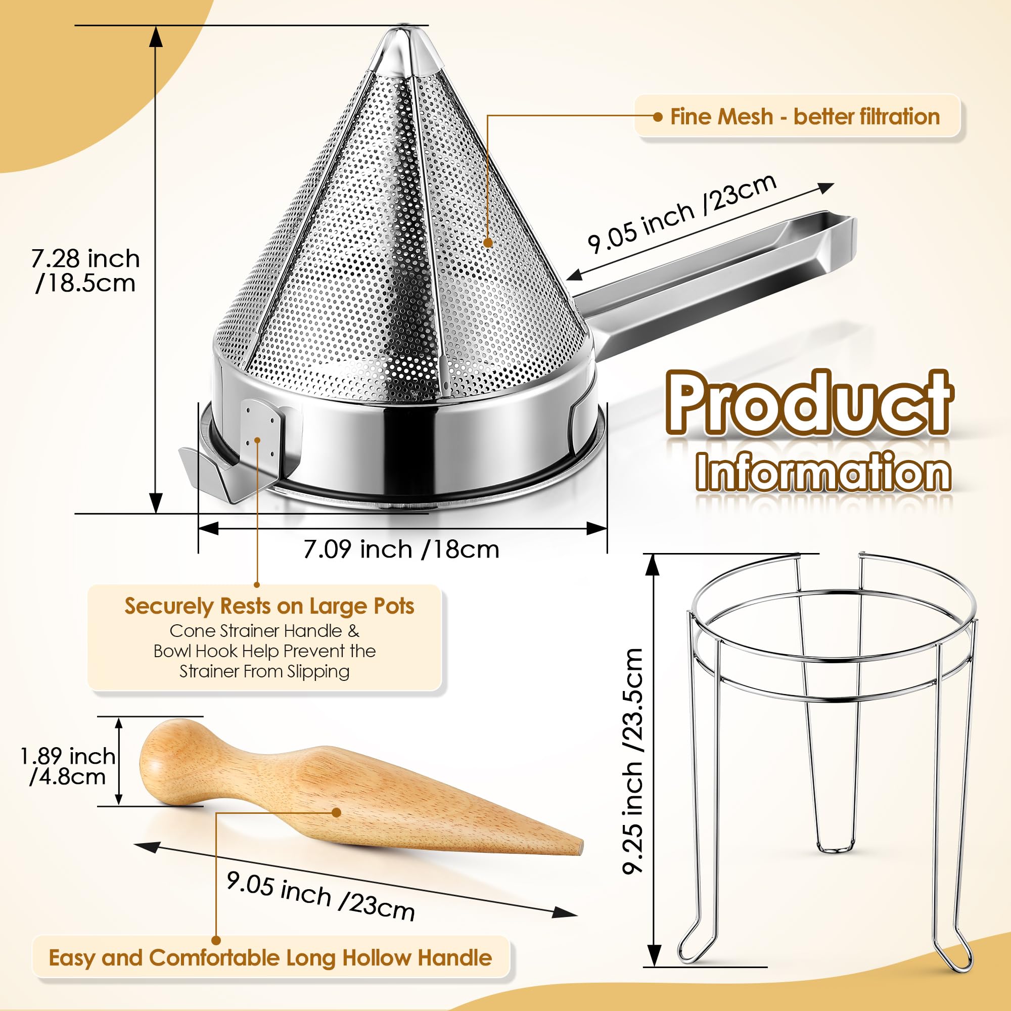 Chinois strainer with stand and wooden pestle