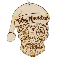 Feliz Navidad Sugar Skull Christmas Ornament birch wood