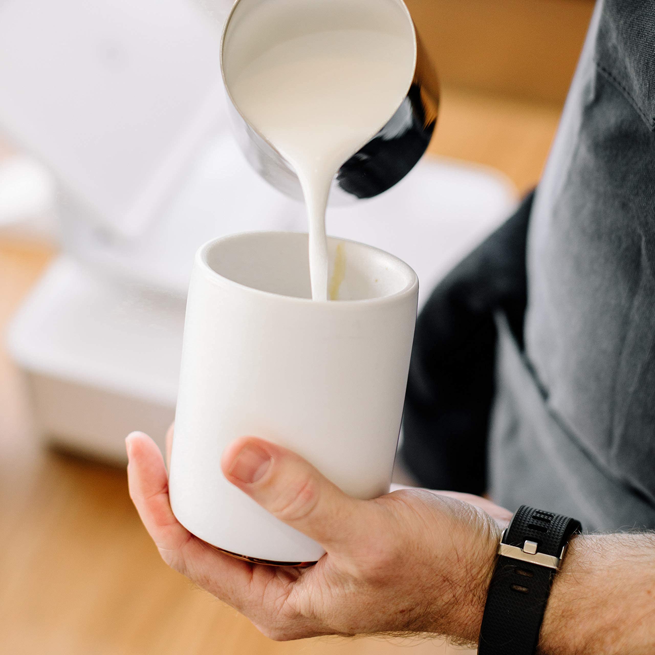 Monty latte mug stackable design shown in cabinet