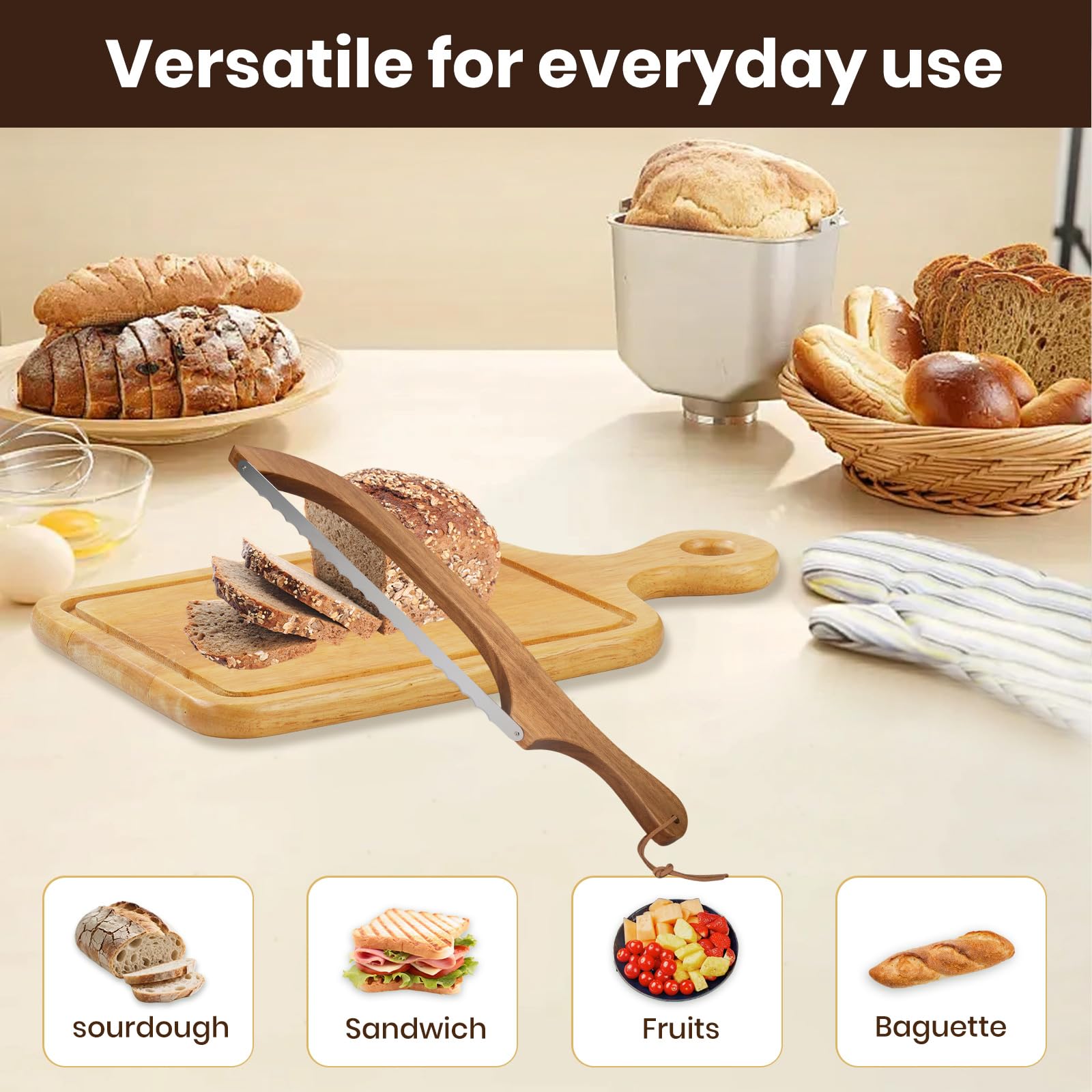 Bow design bread knife and blade guards in kit
