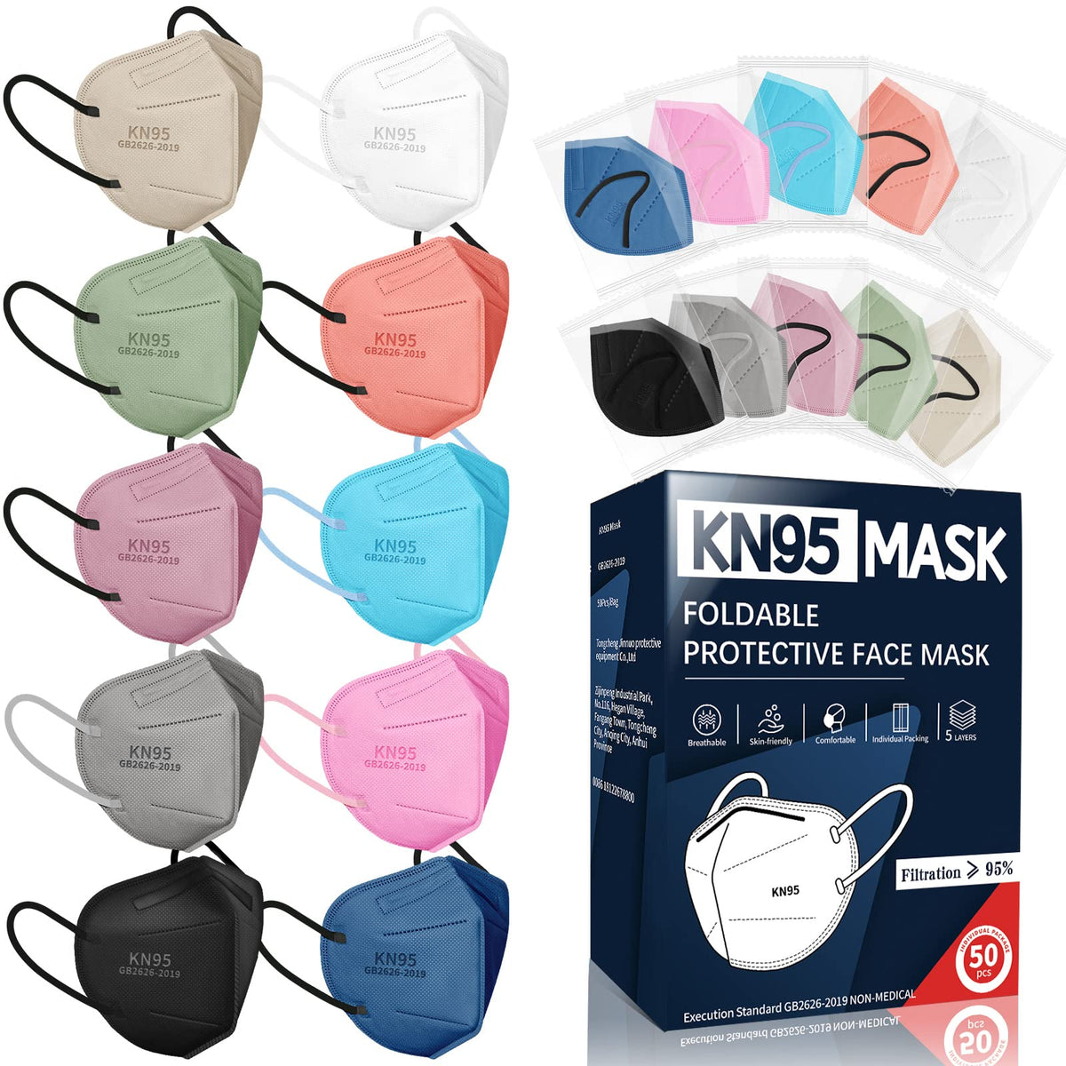 FENFEN KN95 mask for adults 50 pack multicolor packaging