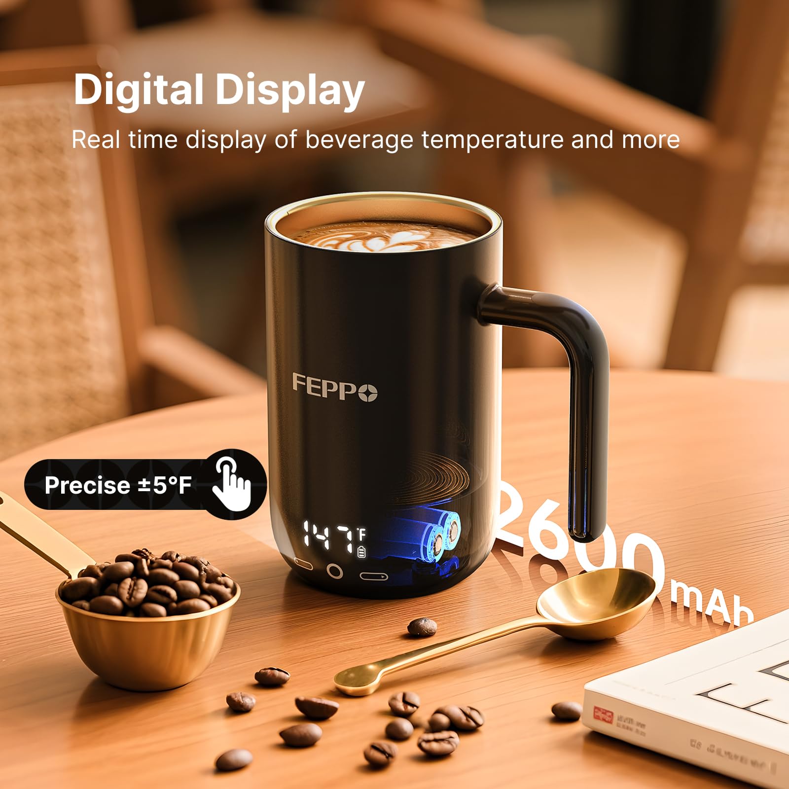 Built-in 2600mAh battery powers the mug warmer