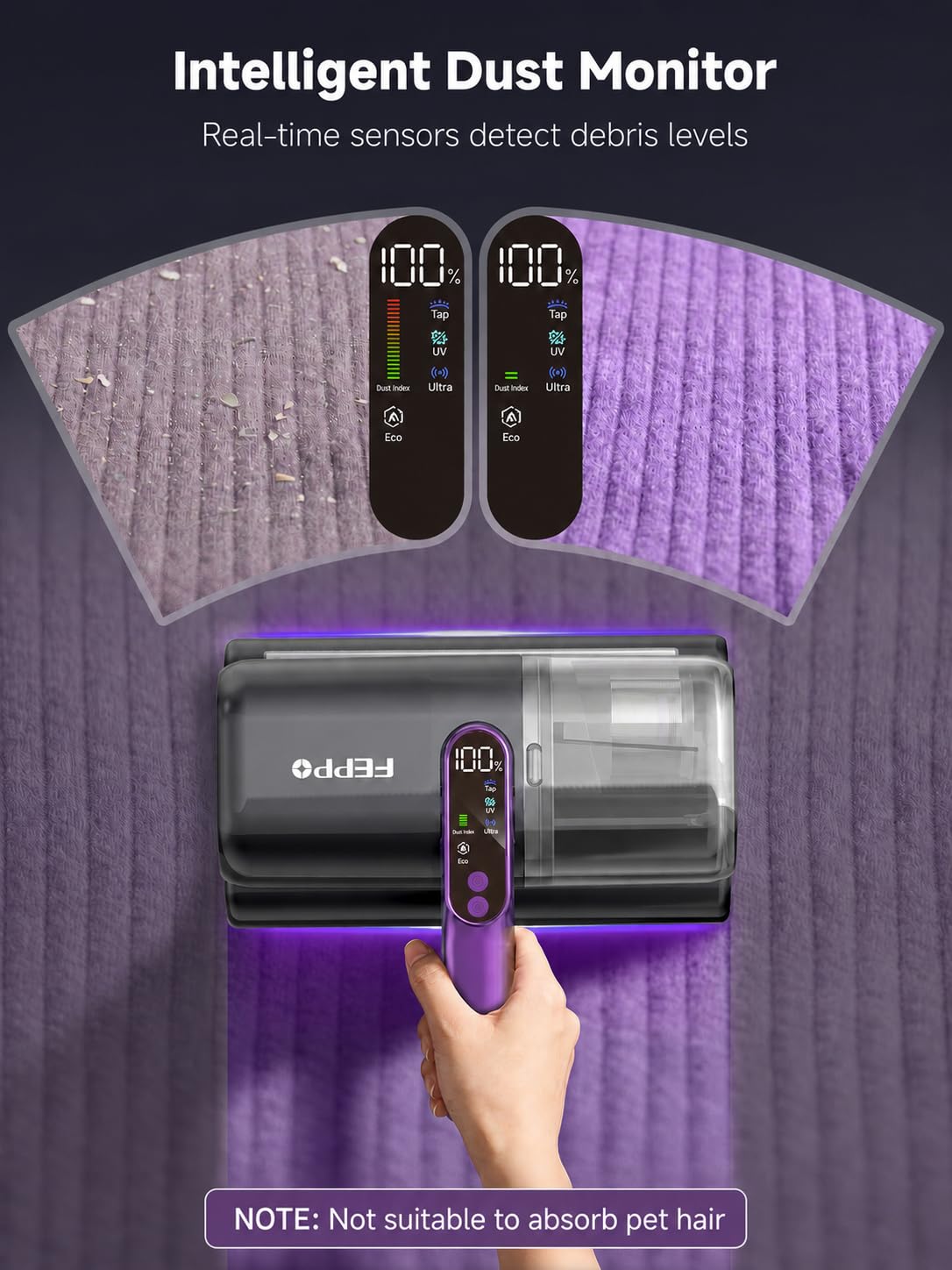 FEPPO cordless bed vacuum in use on sofa