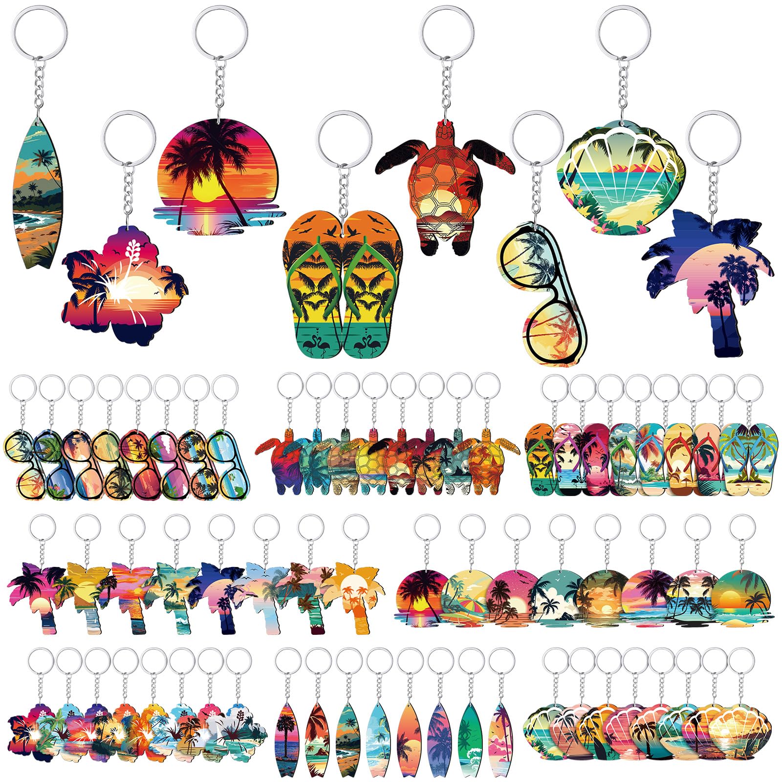 Ferreve 64 Pcs Summer Beach Favors Keychains bulk wooden designs