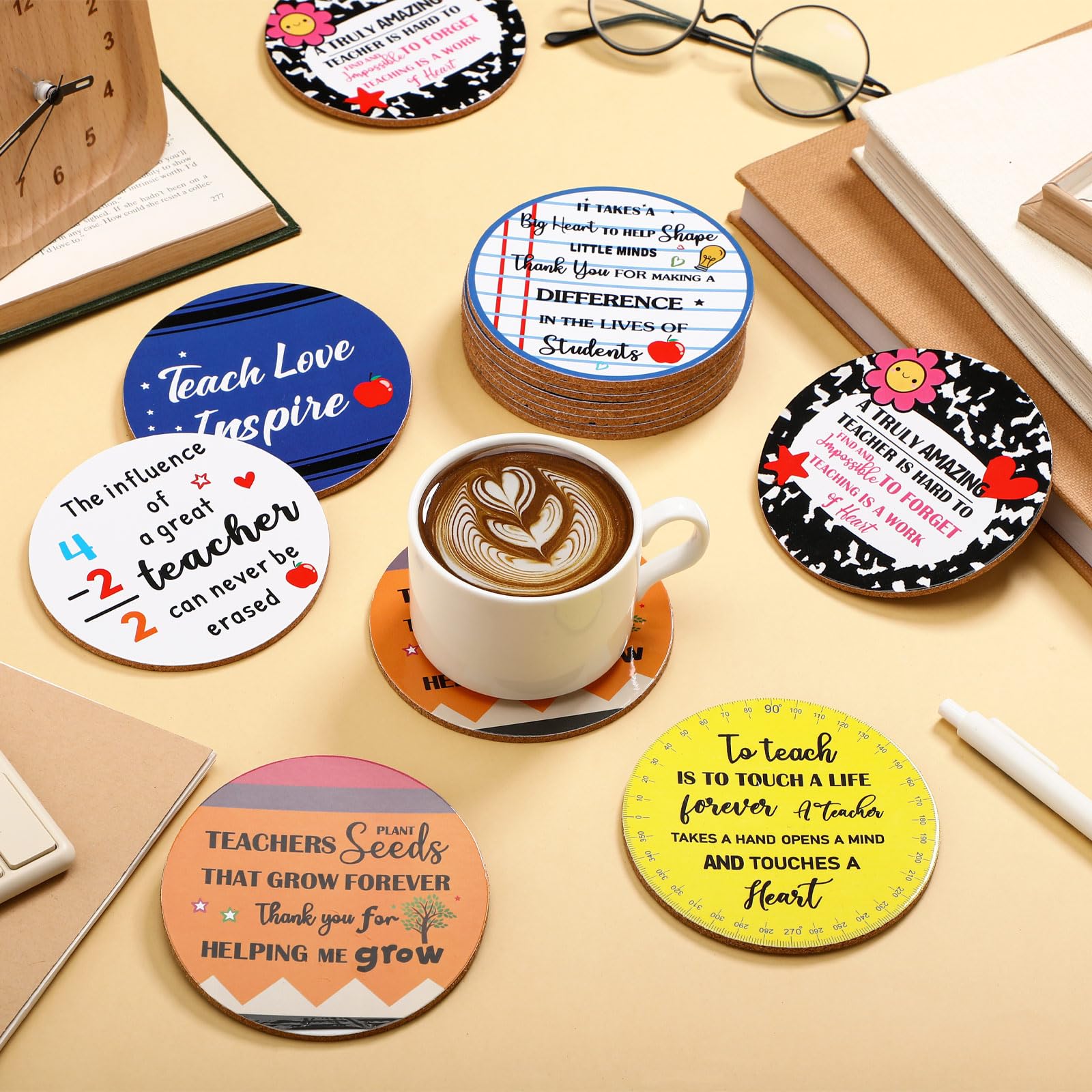 Six designs crayons pencils notebook pages coasters