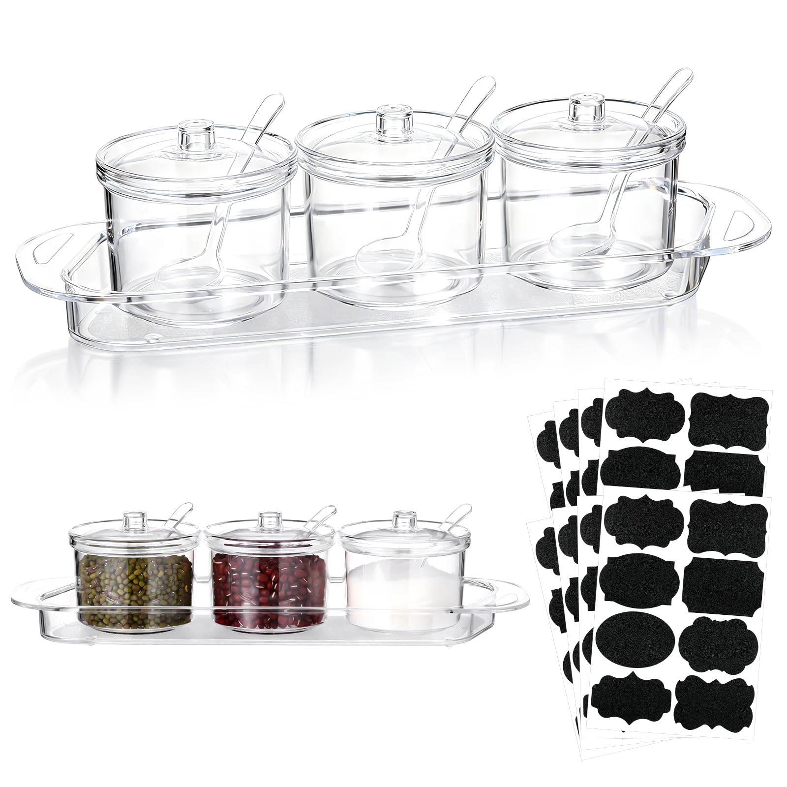 Ferrochef set of 3 clear acrylic sugar bowls with lids and spoons