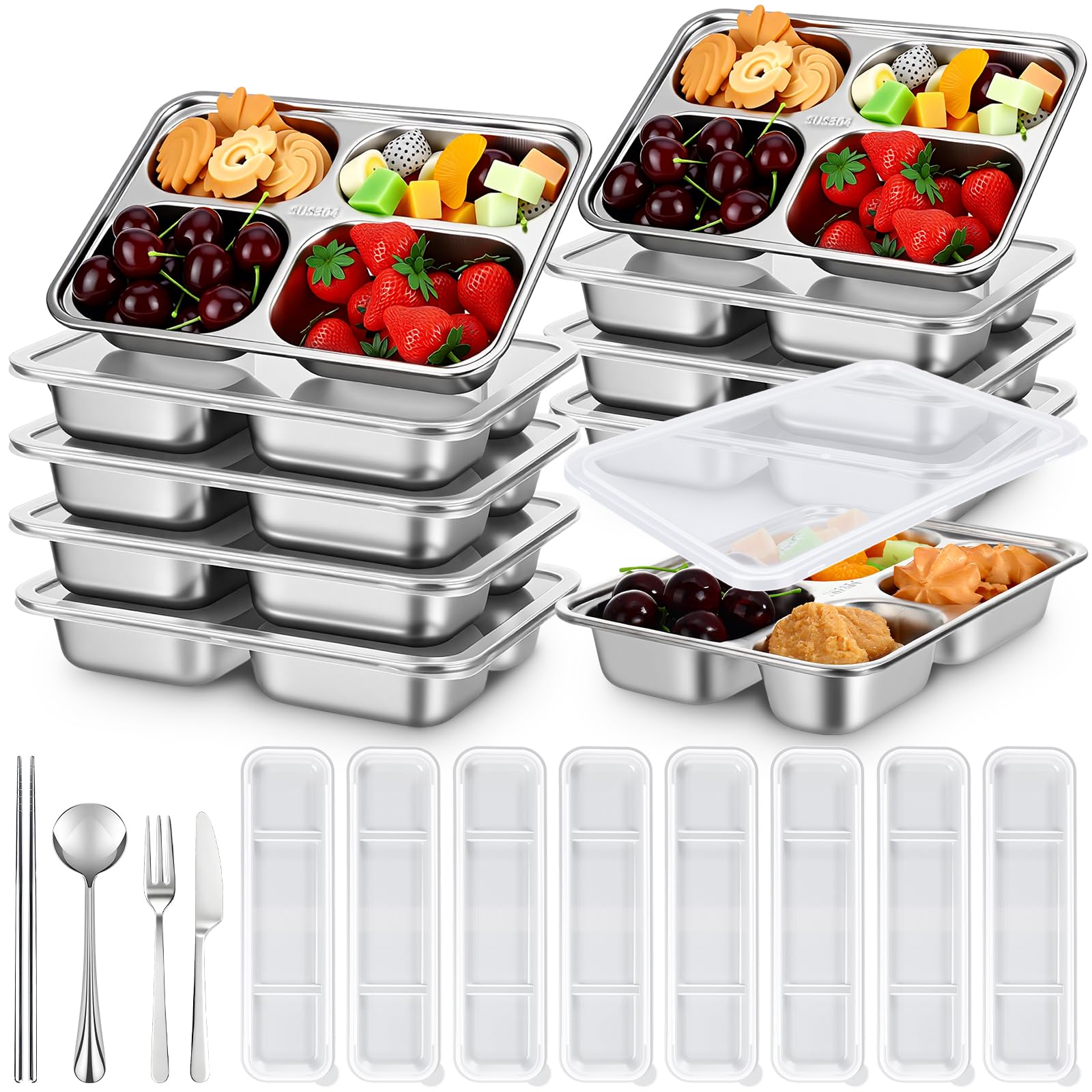 Ferrochef 8 Pack stainless steel four-compartment snack box with lid
