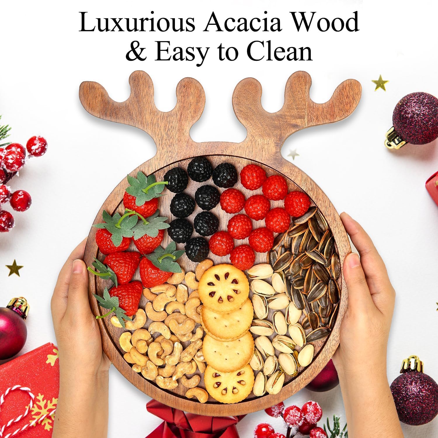 Festive serving plate crafted from acacia wood