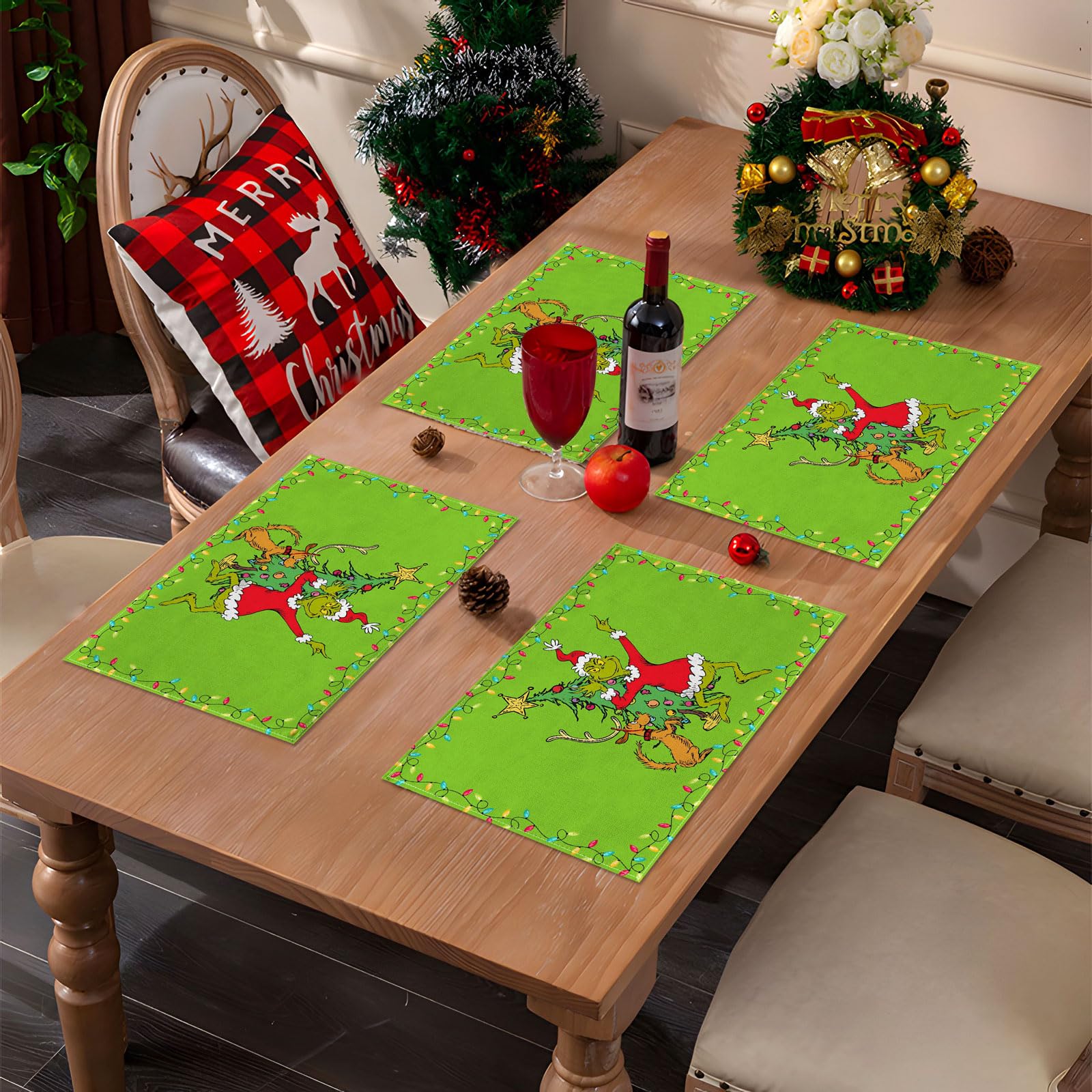 christmas party table mats on dining setup